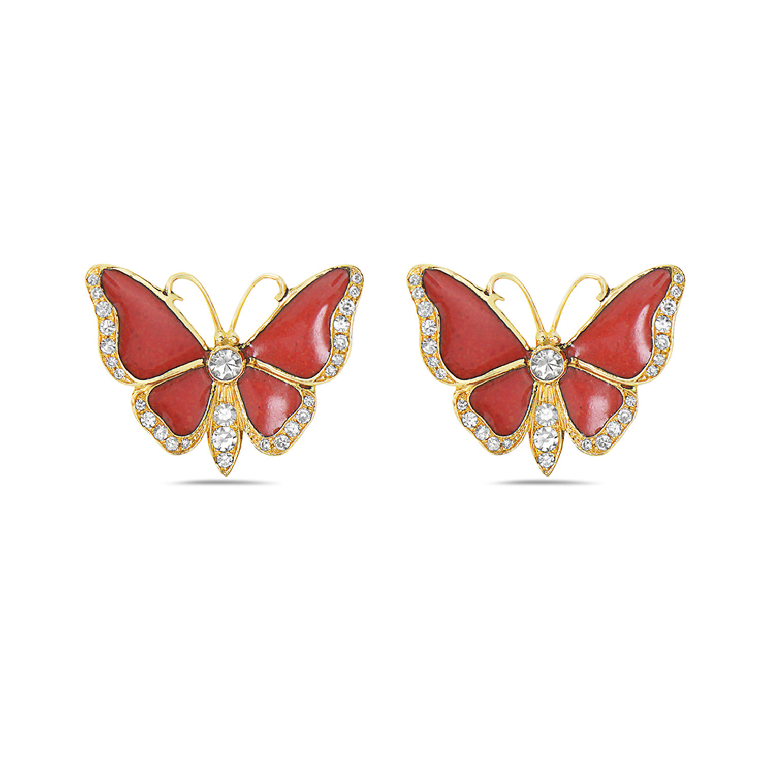Artisan Women's Yellow / Gold / White 18k Yellow Gold Diamond Butterfly Stud Earrings With Red Enamel In Red