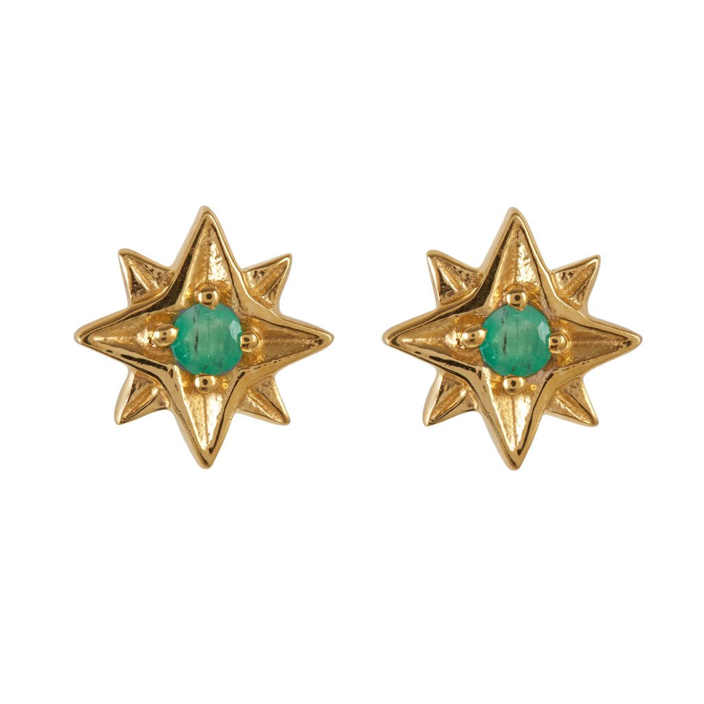 Women’s Guiding North Star Gold Vermeil Stud Earrings - Emerald Charlotte’s Web Jewellery