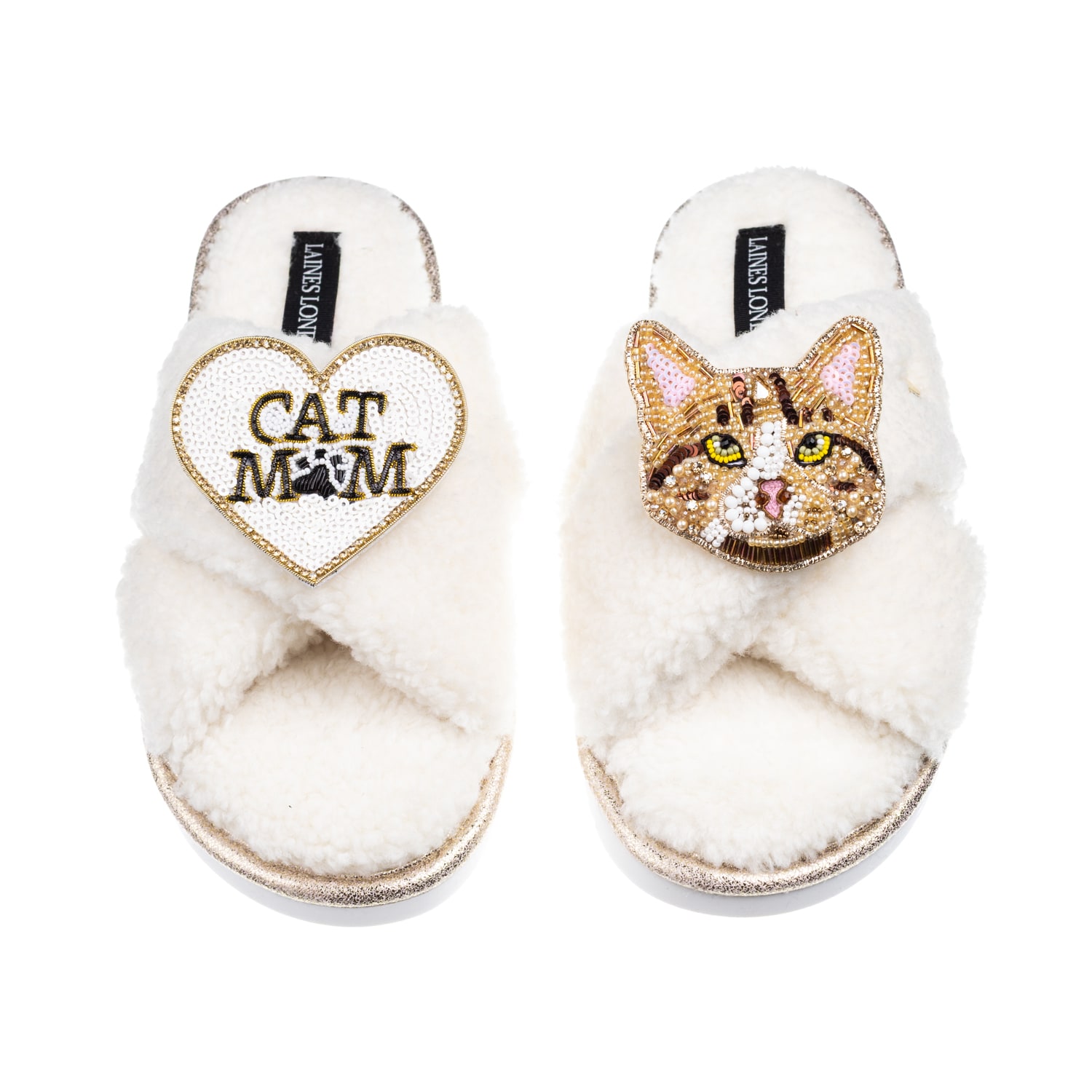 Laines London Women's Neutrals / White Laines Neutral Boucle Slippers With Ginger Cat & Cat Mum/mom Brooches - Cre
