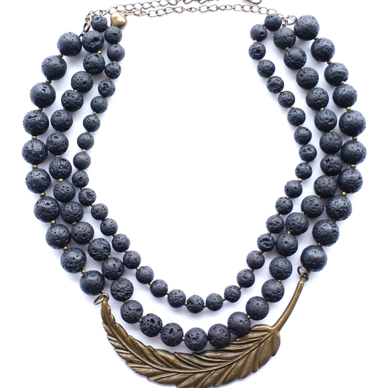 Way To Chic Women's Black Lava Necklace With Brass Central Pendant