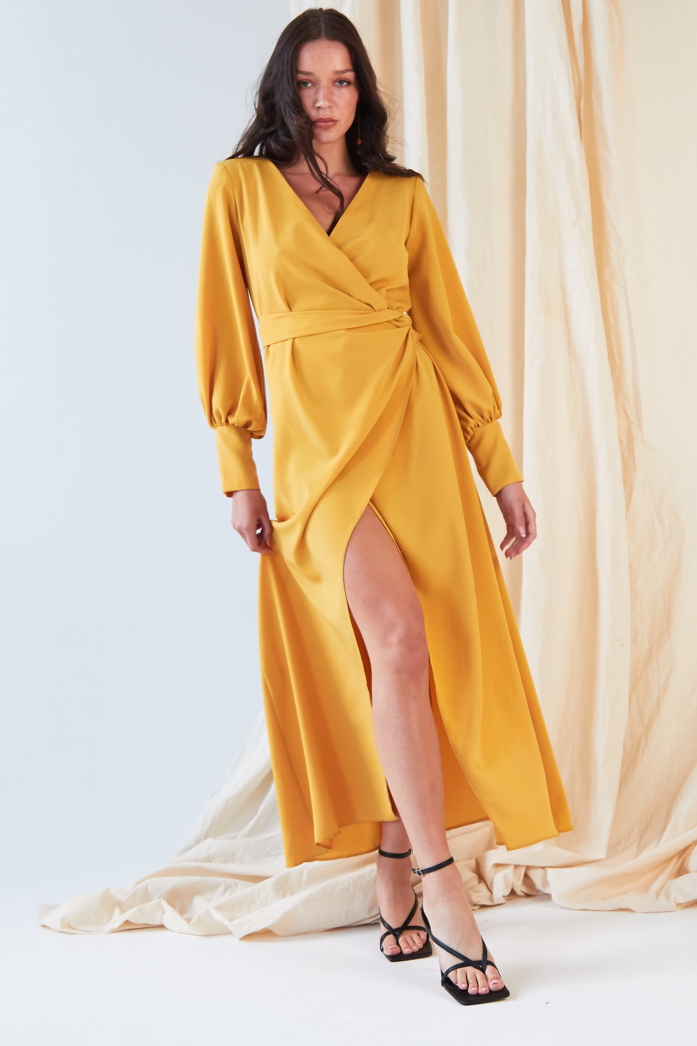 mustard satin wrap dress Mustard Satin Long Sleeve Wrap Front Maxi Dress