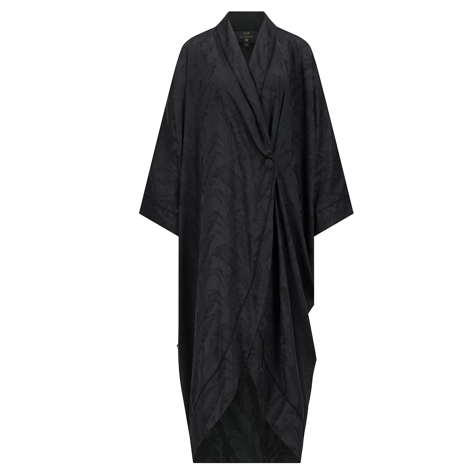 Women’s Overlayered Abaya In Engraved Silk Secured With A Jumbo Button In Black Color Large Azzalia