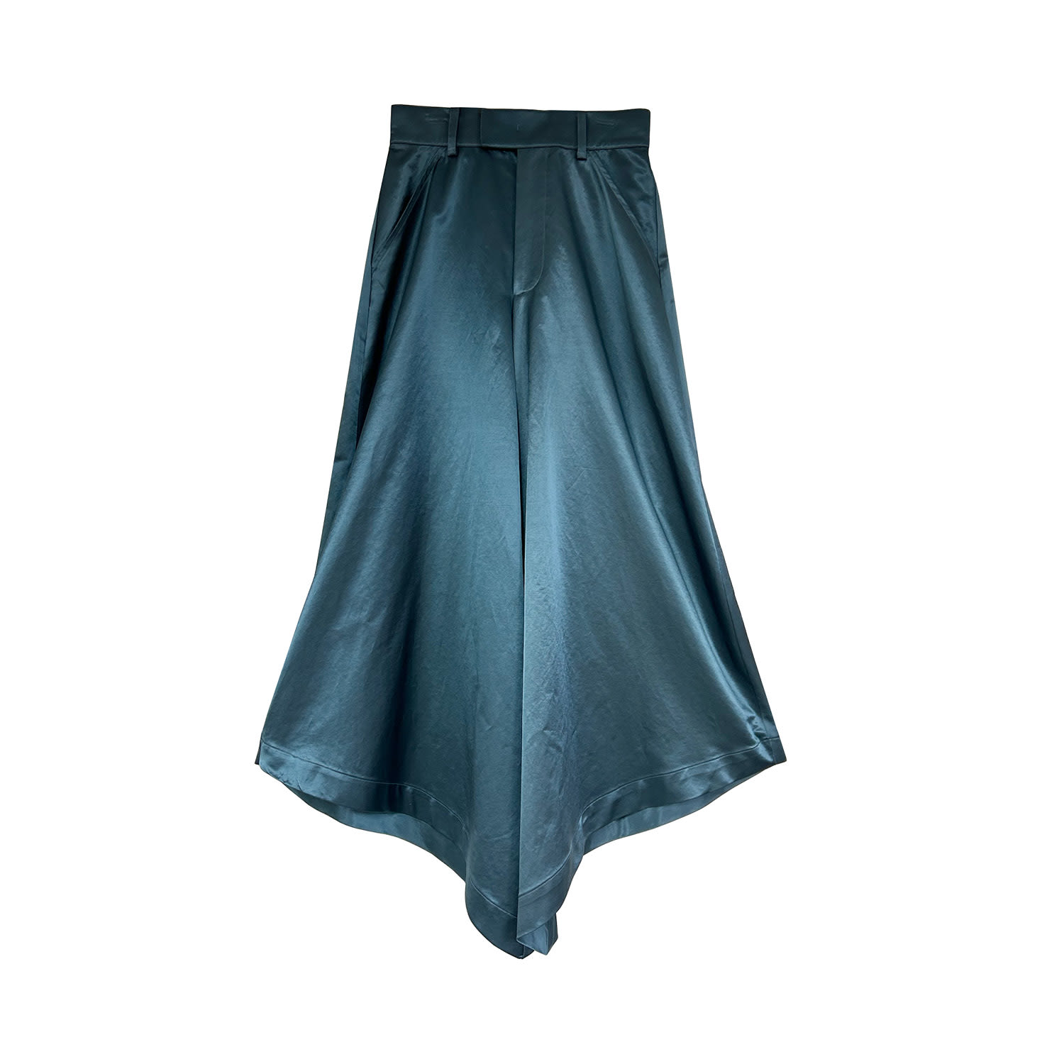 Subin Hahn Women's Satin Wide Flare High Waisted Trousers In Teal Blue In Blue