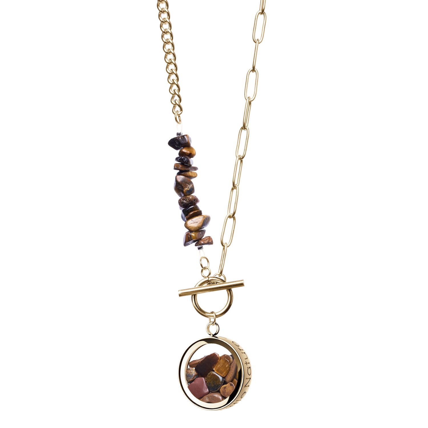 My Little Nature Women's Brown / Gold Tiger's Eye  Necklace – With Gold Plated Toggle Clasp Beaded Chain - Tiger's Ey