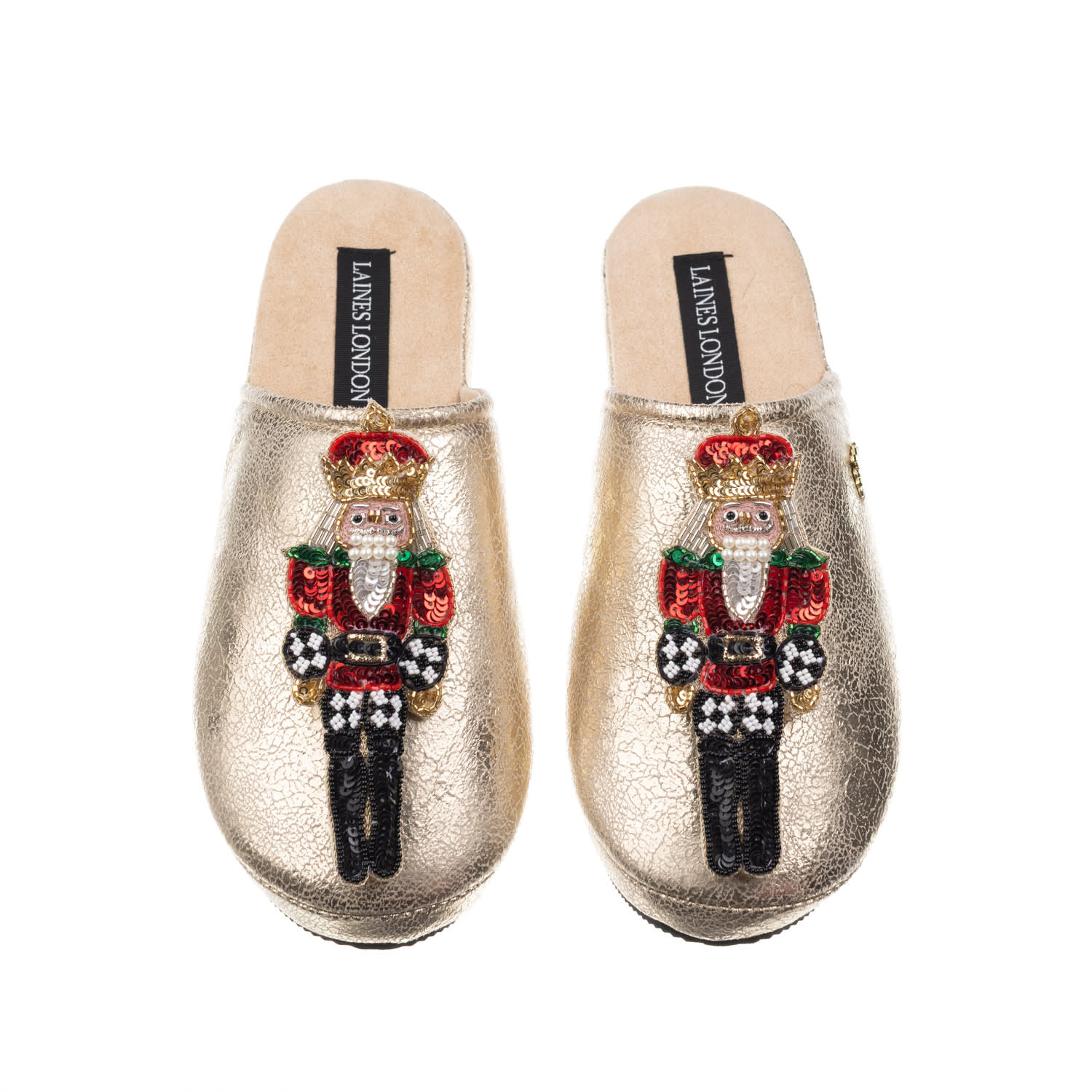 Laines London Women's Gold Softie Slippers With Christmas Double Red Grand Nutcrackers Brooches In Gold