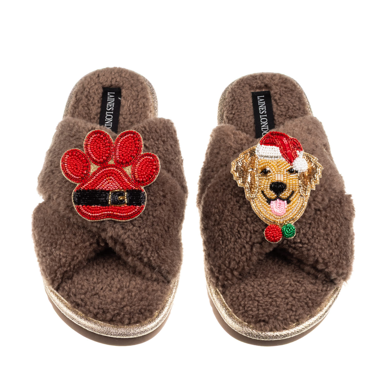 Laines London Women's Brown / Neutrals Laines Boucle Slippers With Christmas Golden Retriever & Paw Brooches - Min In Brown
