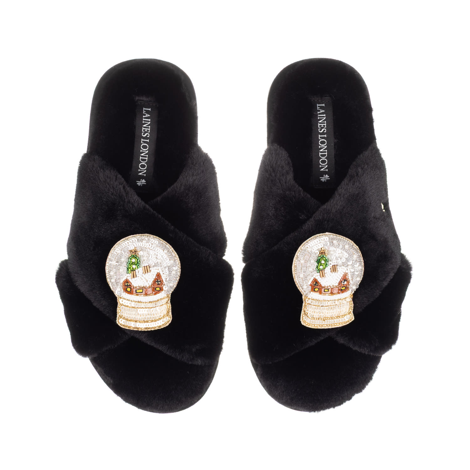 Laines London Women's Classic Laines Slippers Christmas Collection With Double Snow Globe Brooches - Black In Black