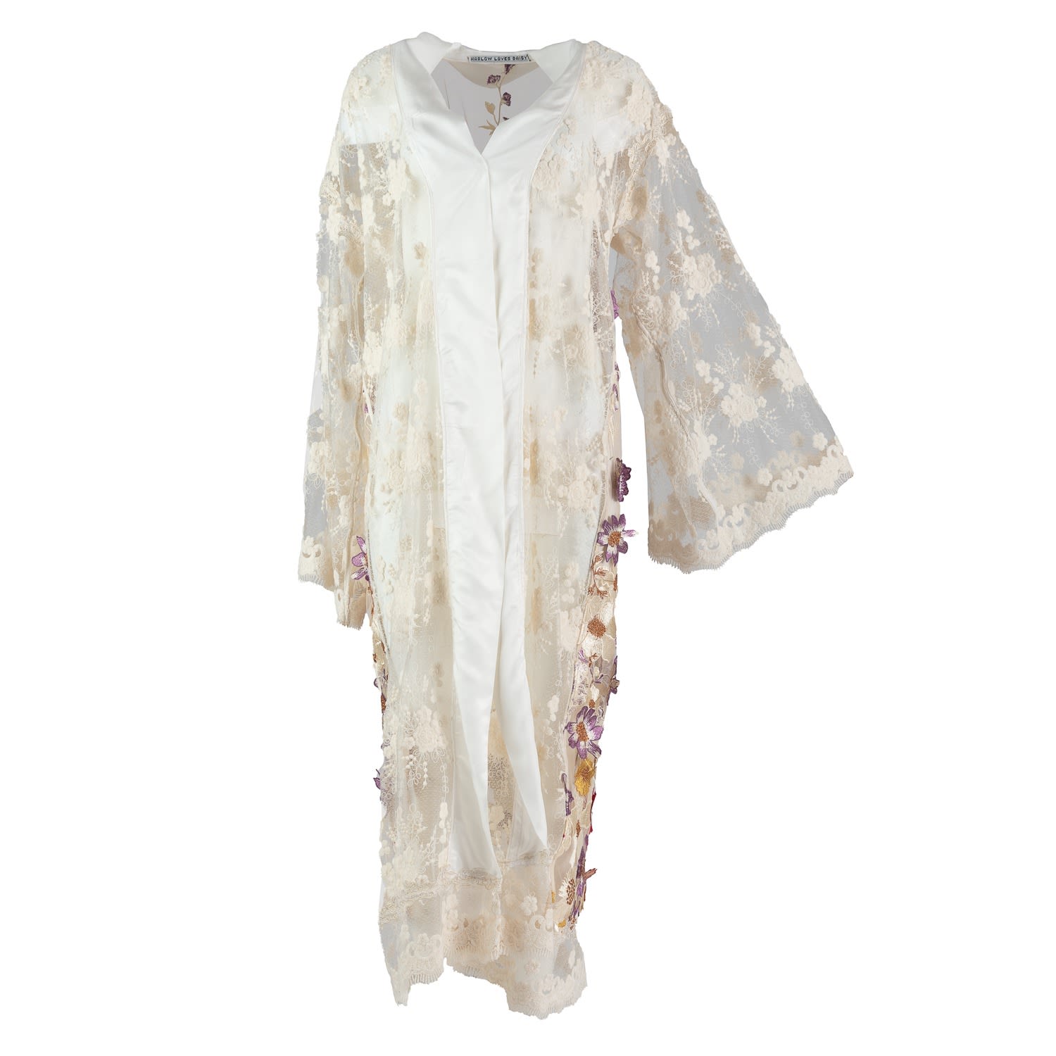 Women’s Heaven - Celestial Embroidered Flower Robe With French Lace, Silk And Bohemian Lace Medium Harlow Loves Daisy