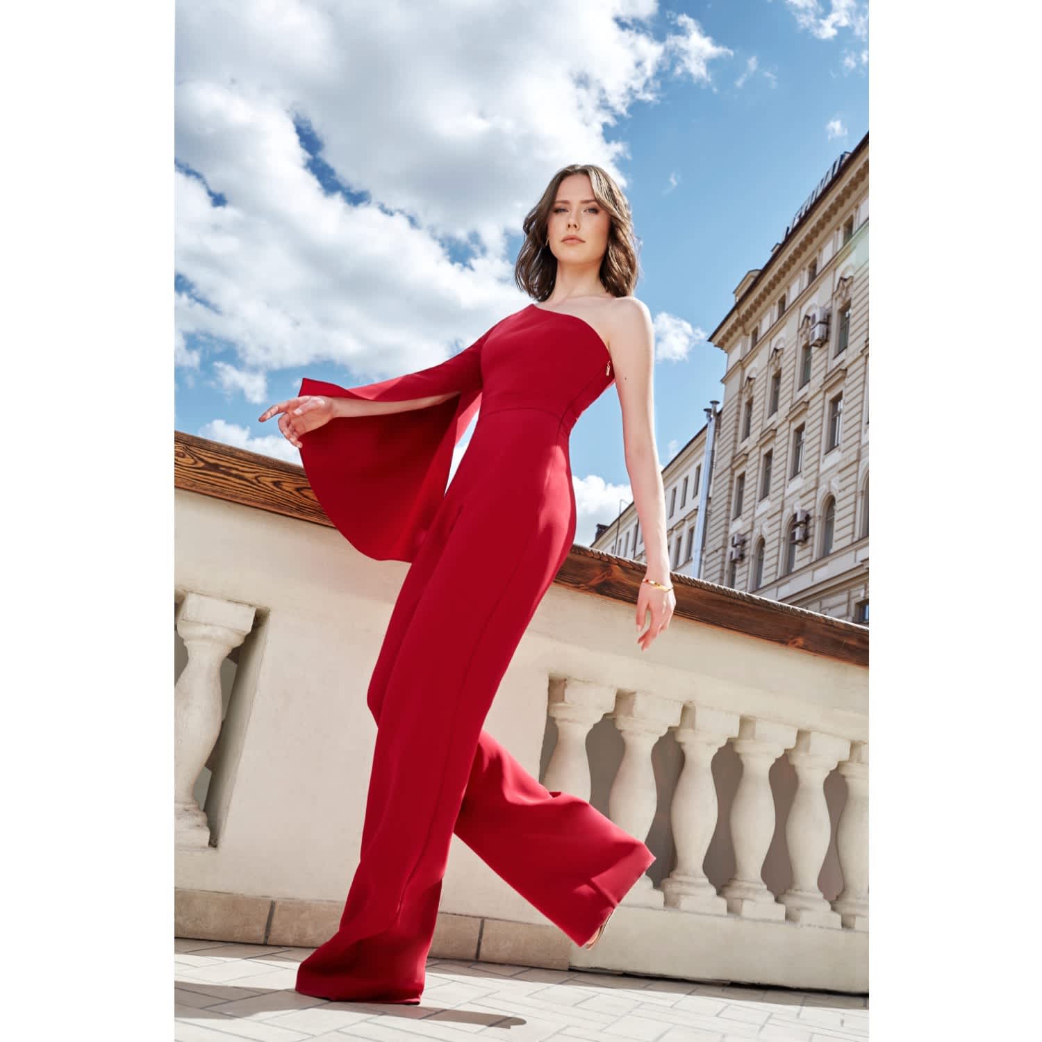 Sophi Royal Red Wine One Sleeve Asymmetric Neckline Jumpsuit
