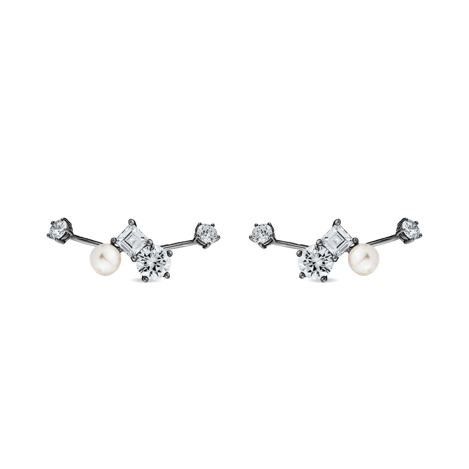 Sally Skoufis Women's Black / White Eclipse Ear Jacket With Natural White Pearl & Man Made Cz Diamond Stimulant In