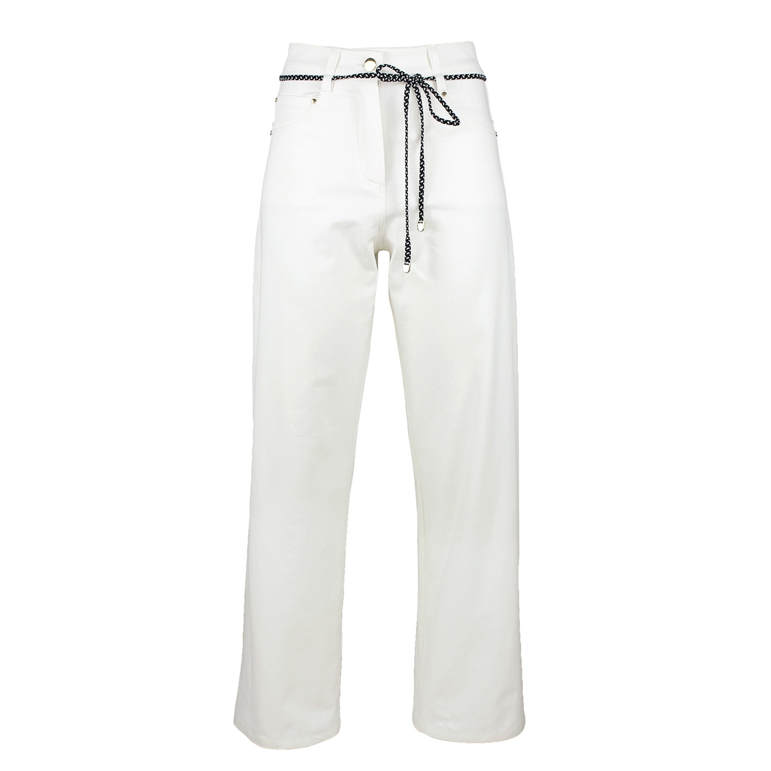 Lalipop Design Women's Wide-leg White Cotton Pants With Detachable Cord Belt In White