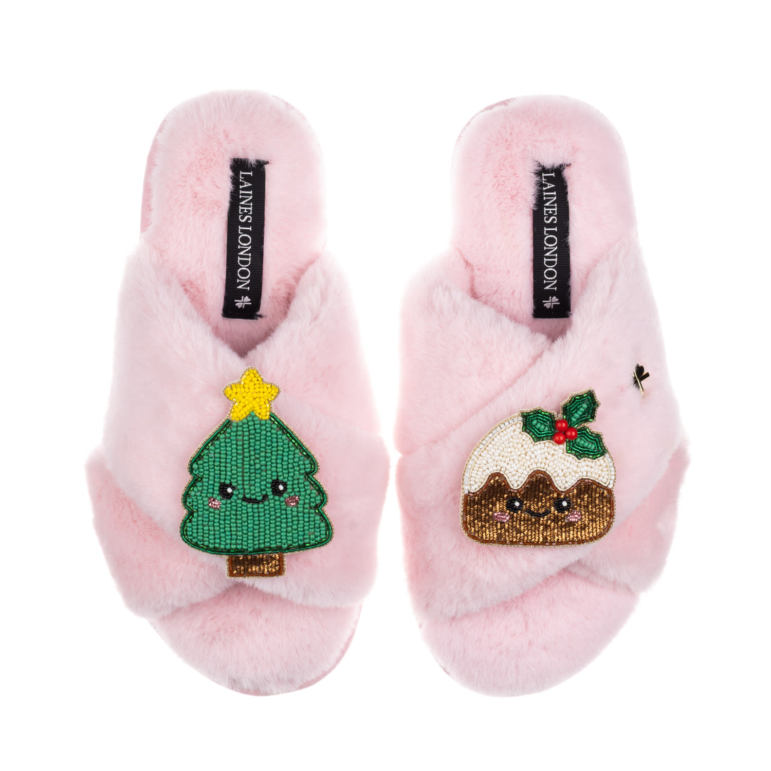 Laines London Women's Classic Slippers With Christmas Laines Lovables Pudding & Tree Brooches - Pink In Pink