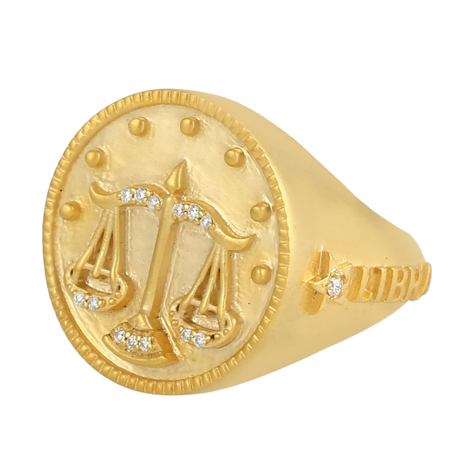 Women’s White / Gold Solid 14K Yellow Gold Pave Diamond Libra Zodiac Astrology Signet Ring Artisan