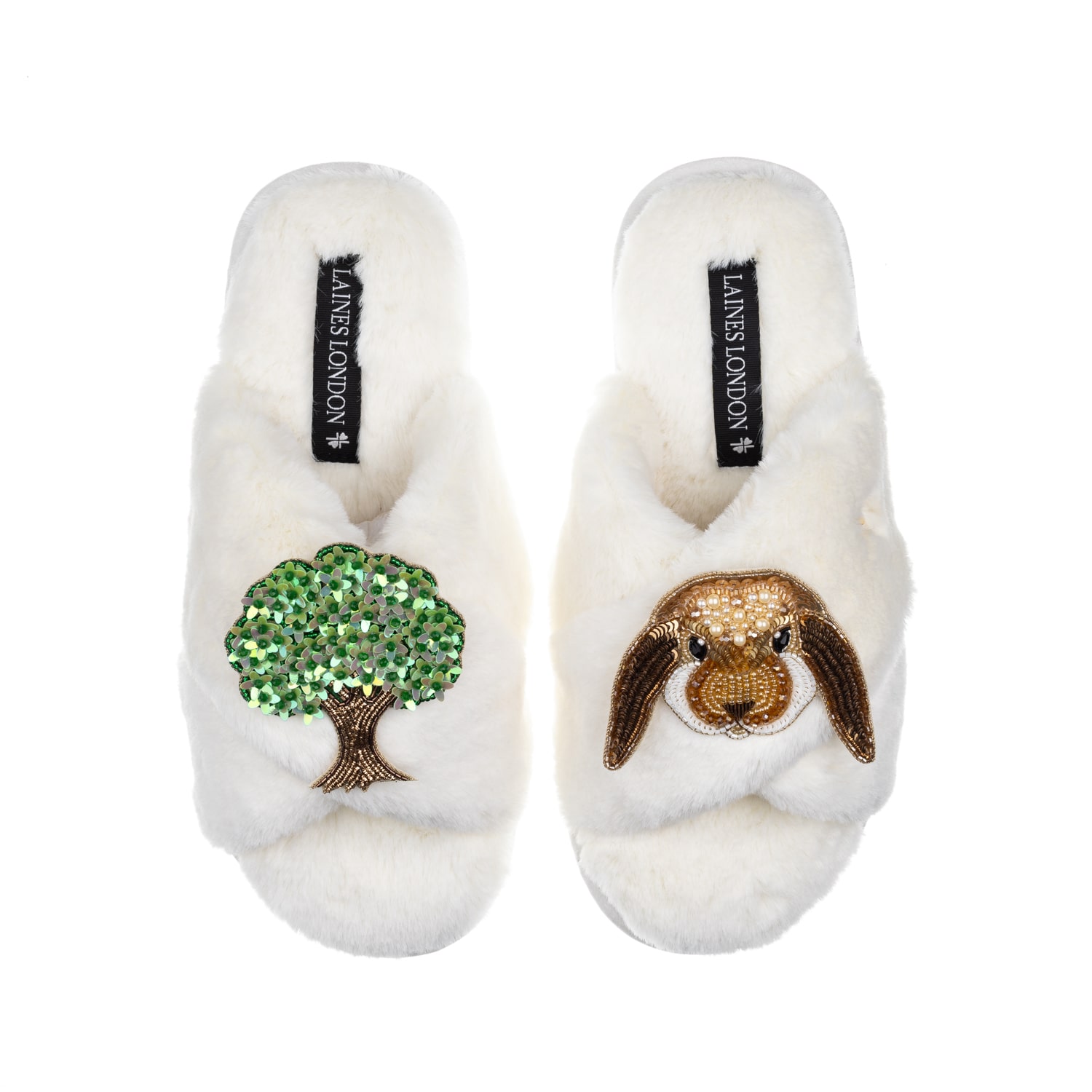 Laines London Women's White Classic Laines Slippers With Bunny & Oak Tree Brooches - Cream In White
