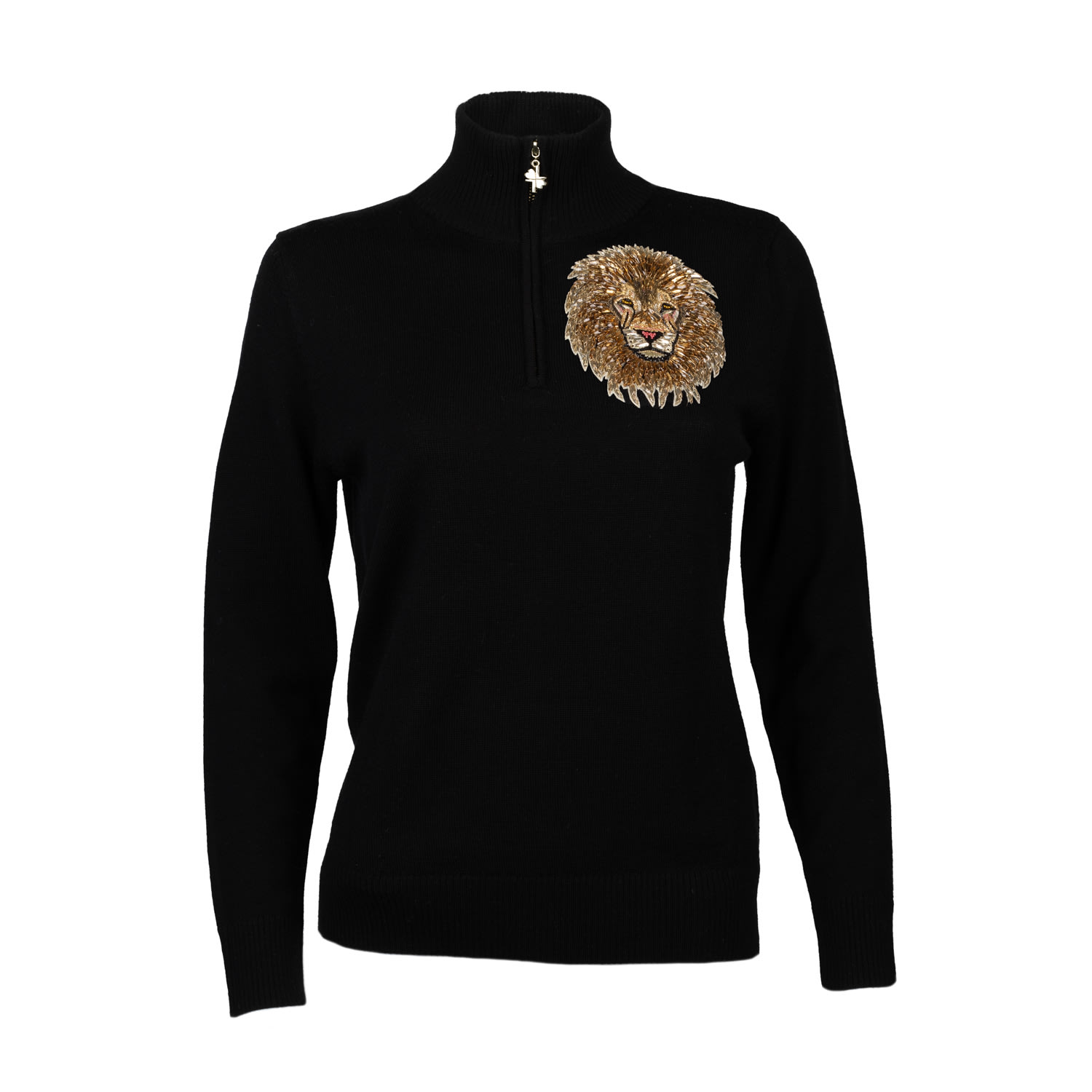 Laines London Women's Black / Gold Laines Couture Black Quarter Zip Jumper With Embellished Lion Head In Black/gold
