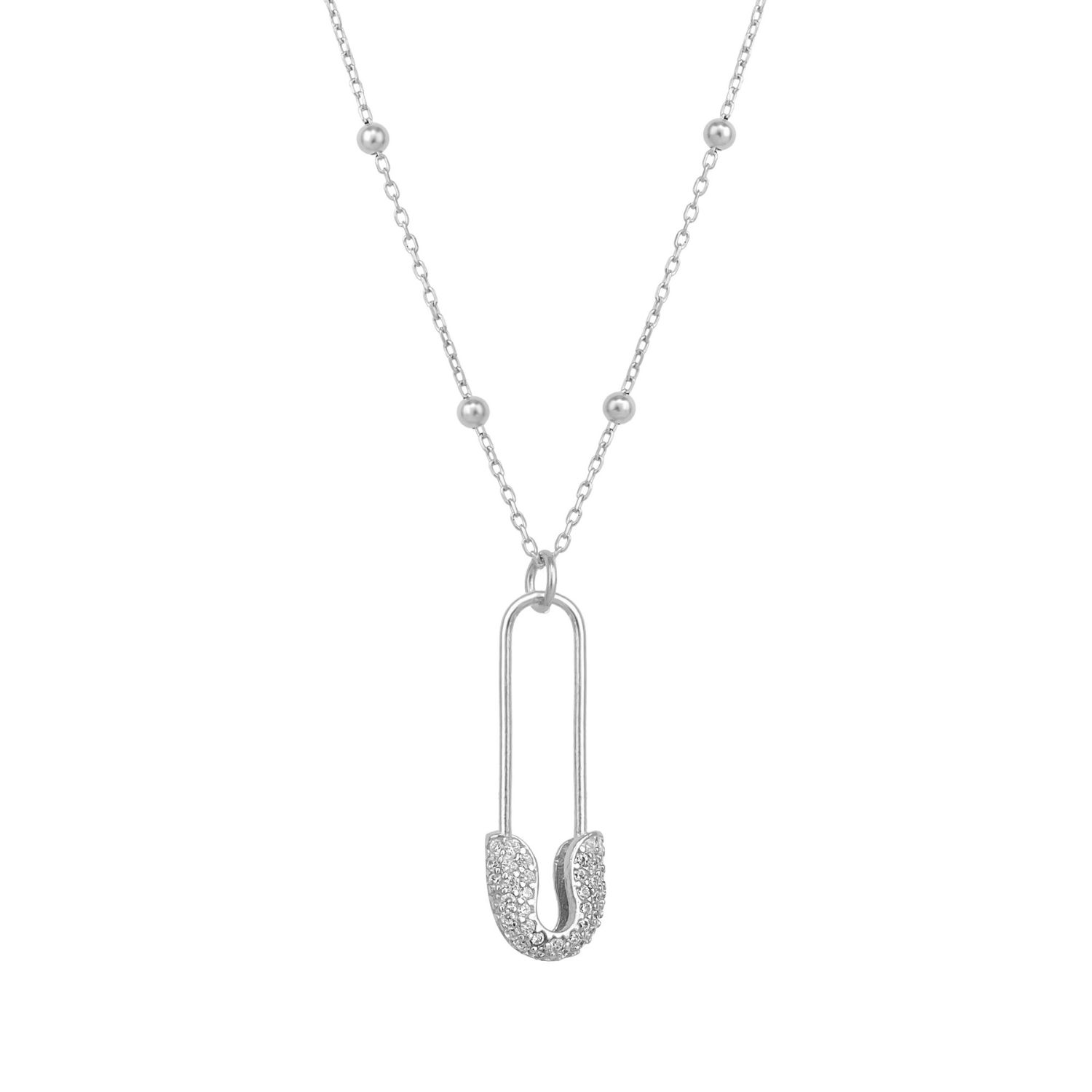 Spero London Women's Pave Safety Pin Necklace Jewelled With Beaded Chain In Sterling Silver - Silver In Silver