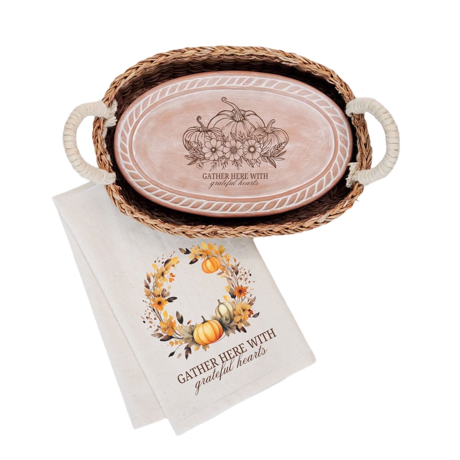 Korissa Brown / Neutrals Bread Warmer & Basket Gift Set With Tea Towel - Pumpkin Oval In Brown