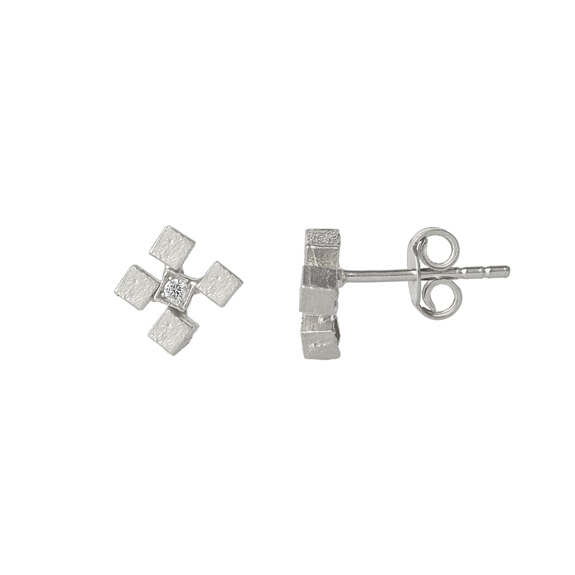 Spero London Women's Four Cube Blocks Natural Textured Sterling Silver Authentic Stud Earring - Silver In Silver