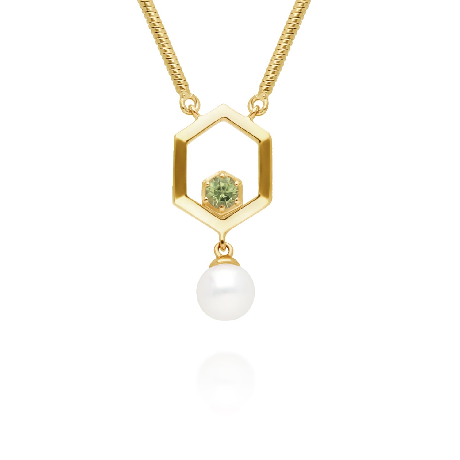 Women’s Green Modern Pearl & Peridot Hexagon Drop Necklace In Gold Plated Sterling Silver Gemondo