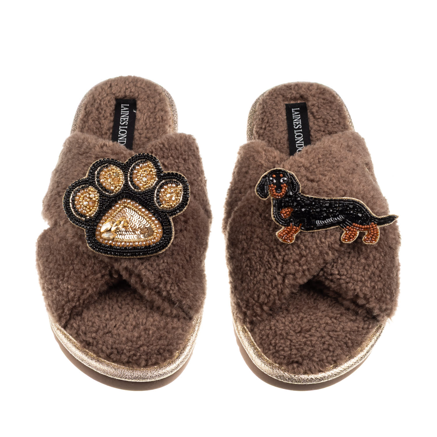 Laines London Women's Brown / Neutrals Boucle Slippers With Paw & Black & Tan Dachshund Brooches - Mink In Brown