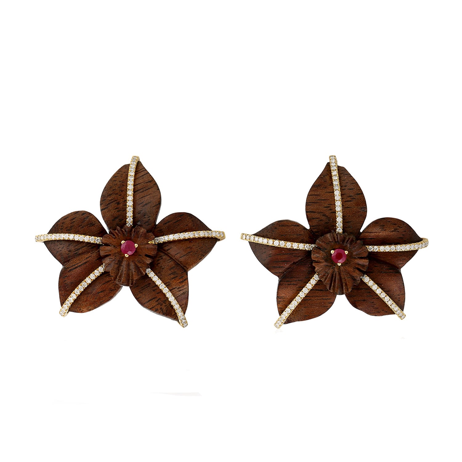 Women’s Brown / White / Red Natural Diamond Flower Wood Stud Earrings 18K Yellow Gold Ruby Gemstone Artisan