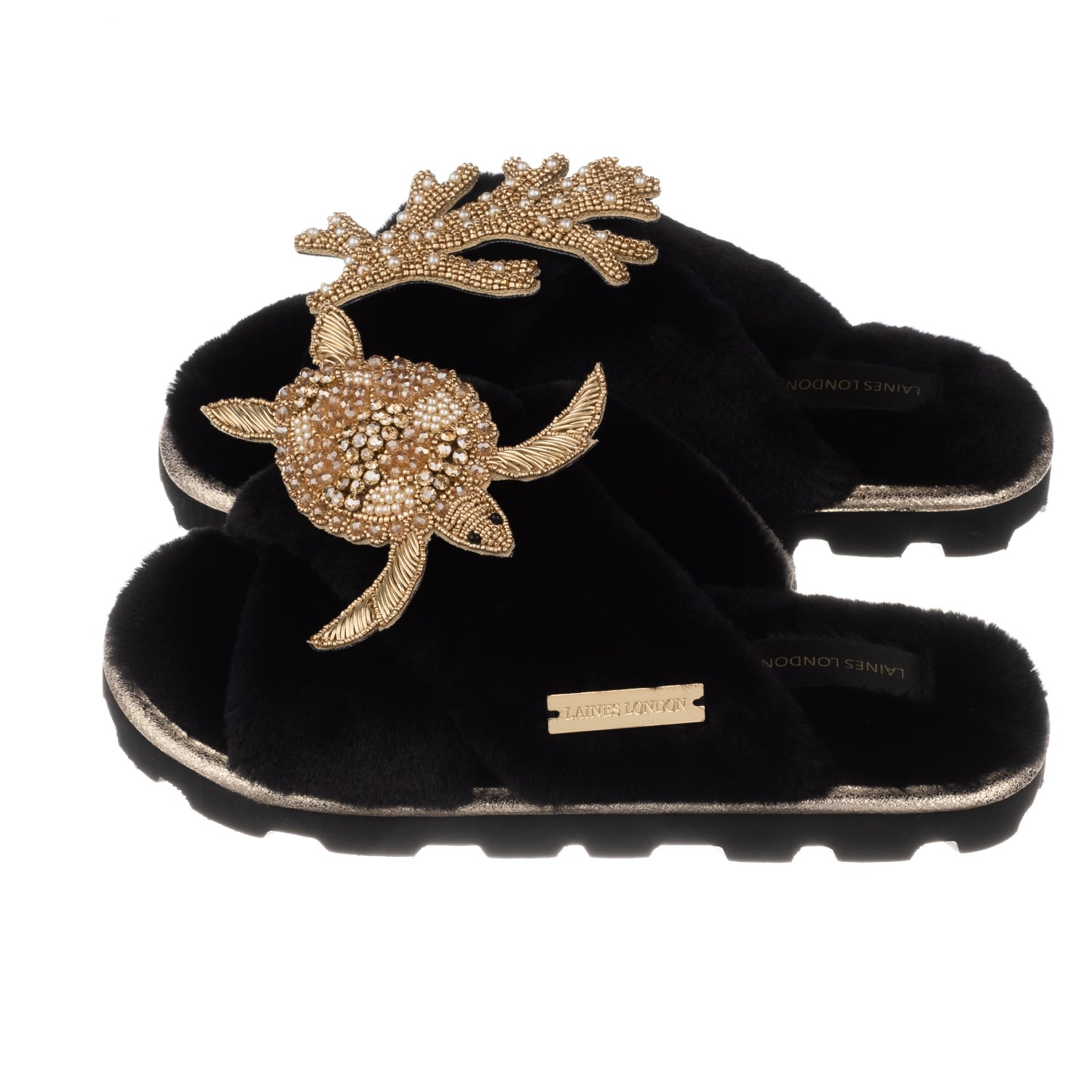 LAINES LONDON - Ultralight Chic Slipper Sliders With Artisan Gold Turtle & Coral - Black