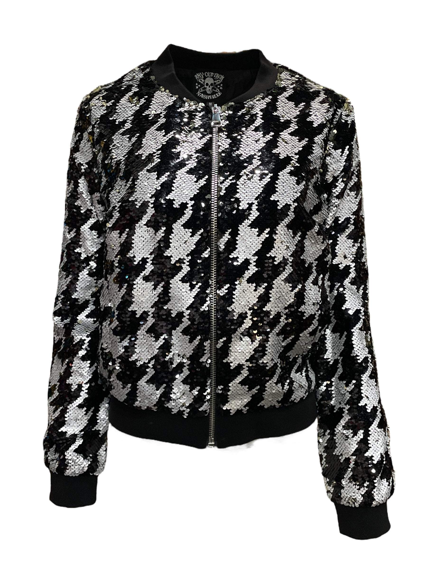 Any Old Iron Women's Gold / Black / Silver Metallic Reversible Sequin Dogstooth Bomber Jacket In Multi