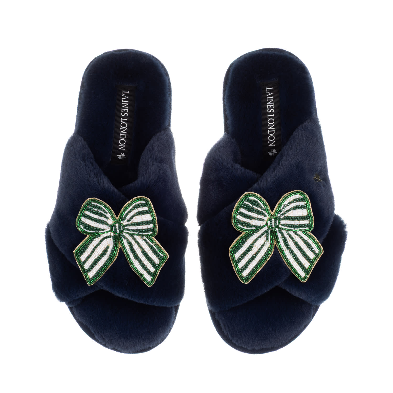 Laines London Women's Blue Classic Laines Slippers With Green Stripe Bow Brooches - Navy In Blue
