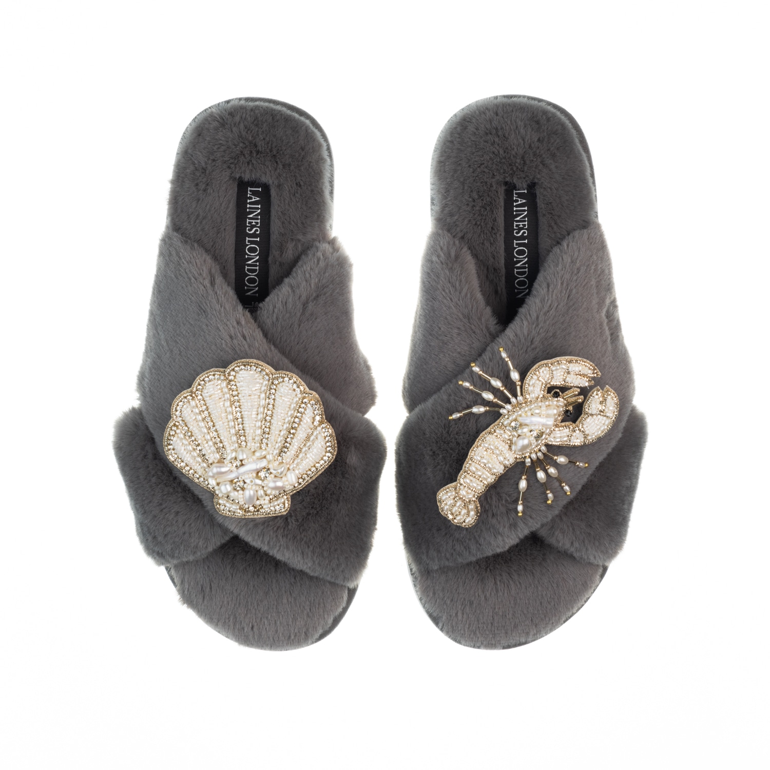 Laines London Women's Classic Laines Slippers With Pearl Beaded Lobster & Shell Brooches - Grey In Grey