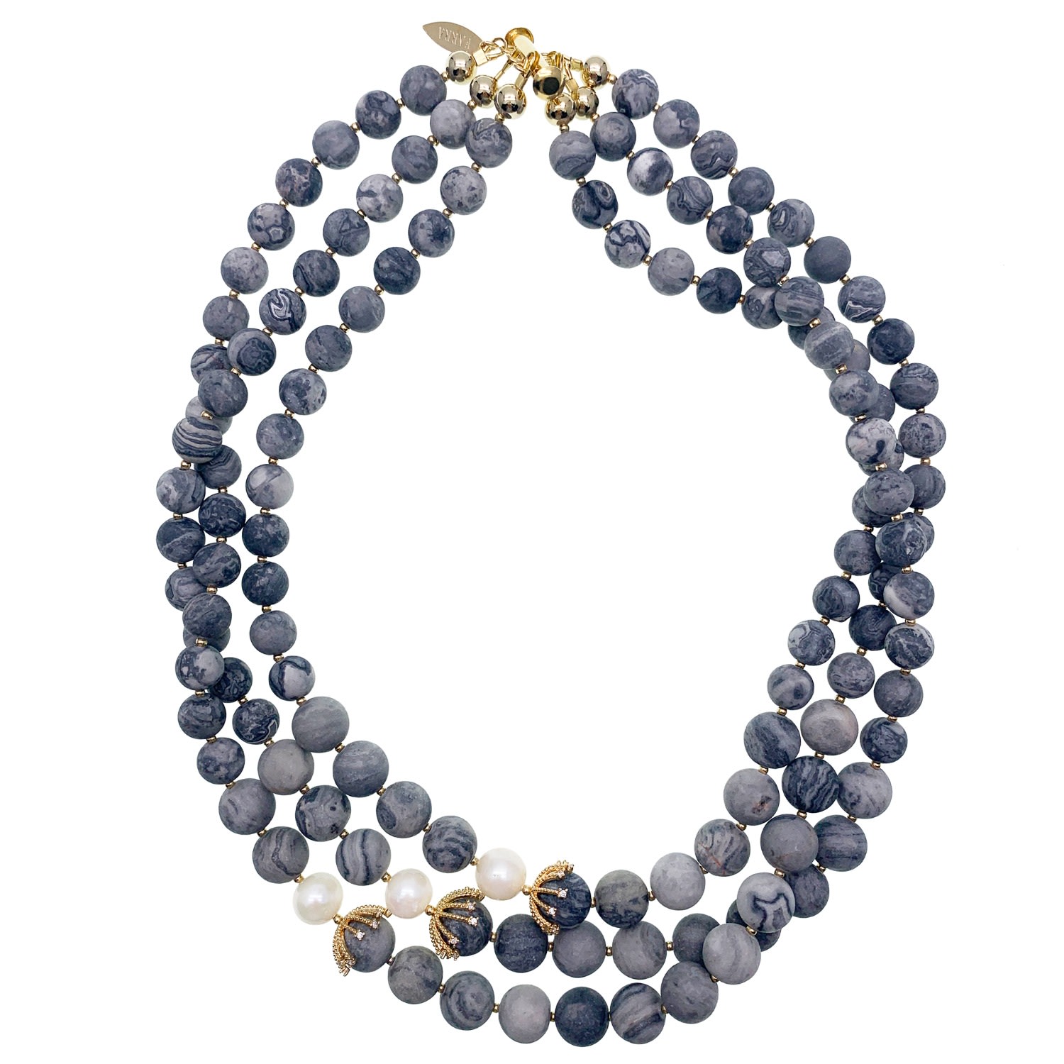 Farra Women's Grey / White Classic Multi-layers Gray Agate With White Pearls Statement Necklace
