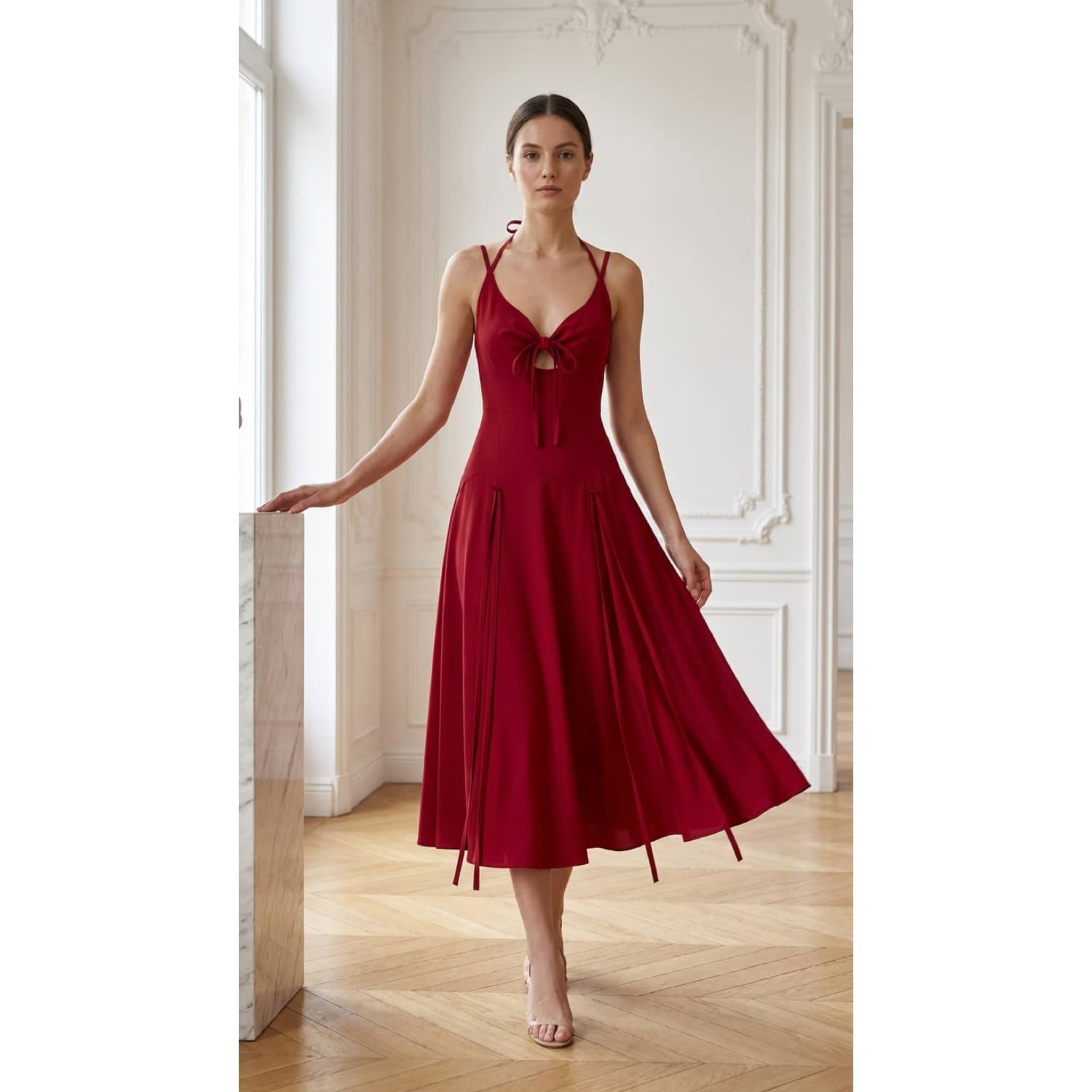metallic gold bridesmaid dresses Dark Gold Cowl Neck Slit Tea Length Bridesmaid Dress