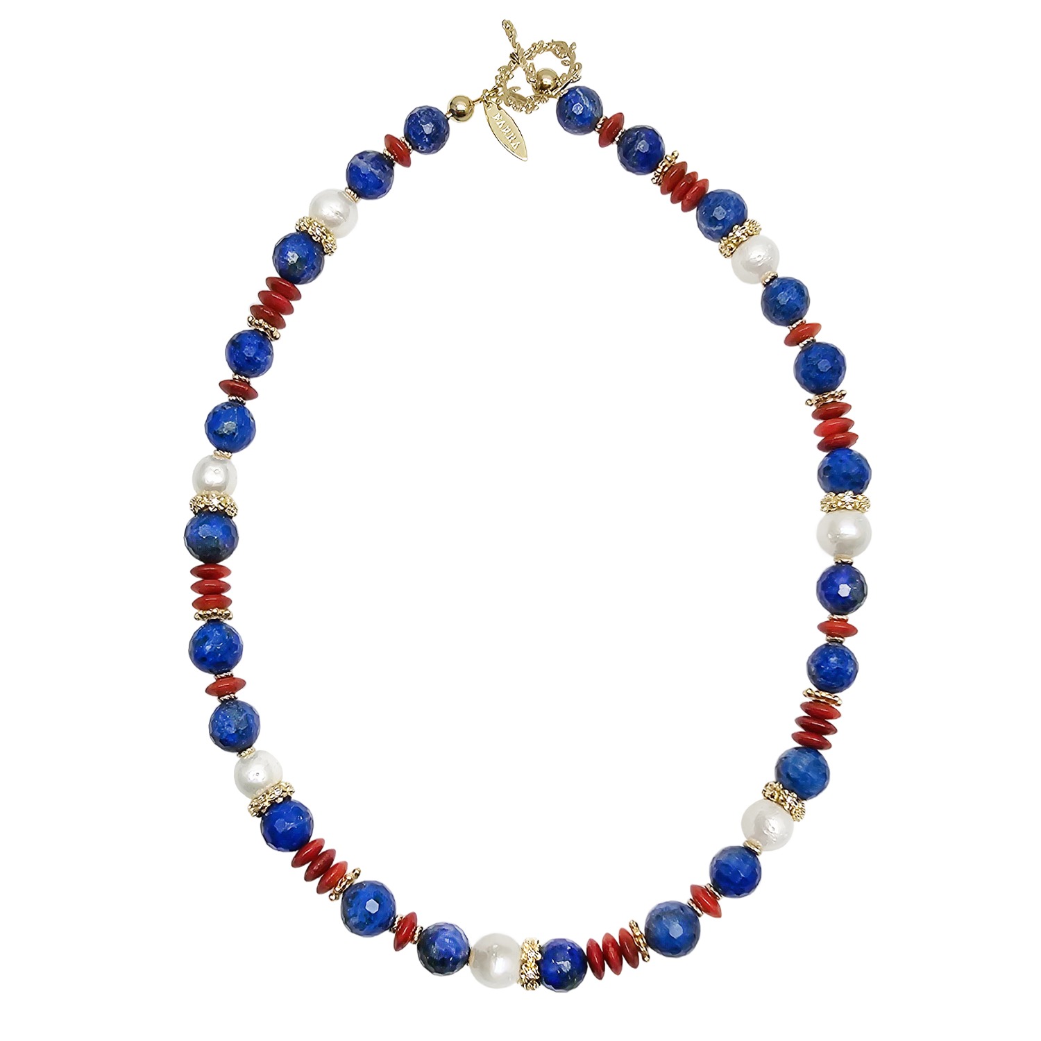 Blue Lapis Red Bamboo Coral And Pearls Colormixed Necklace | Farra