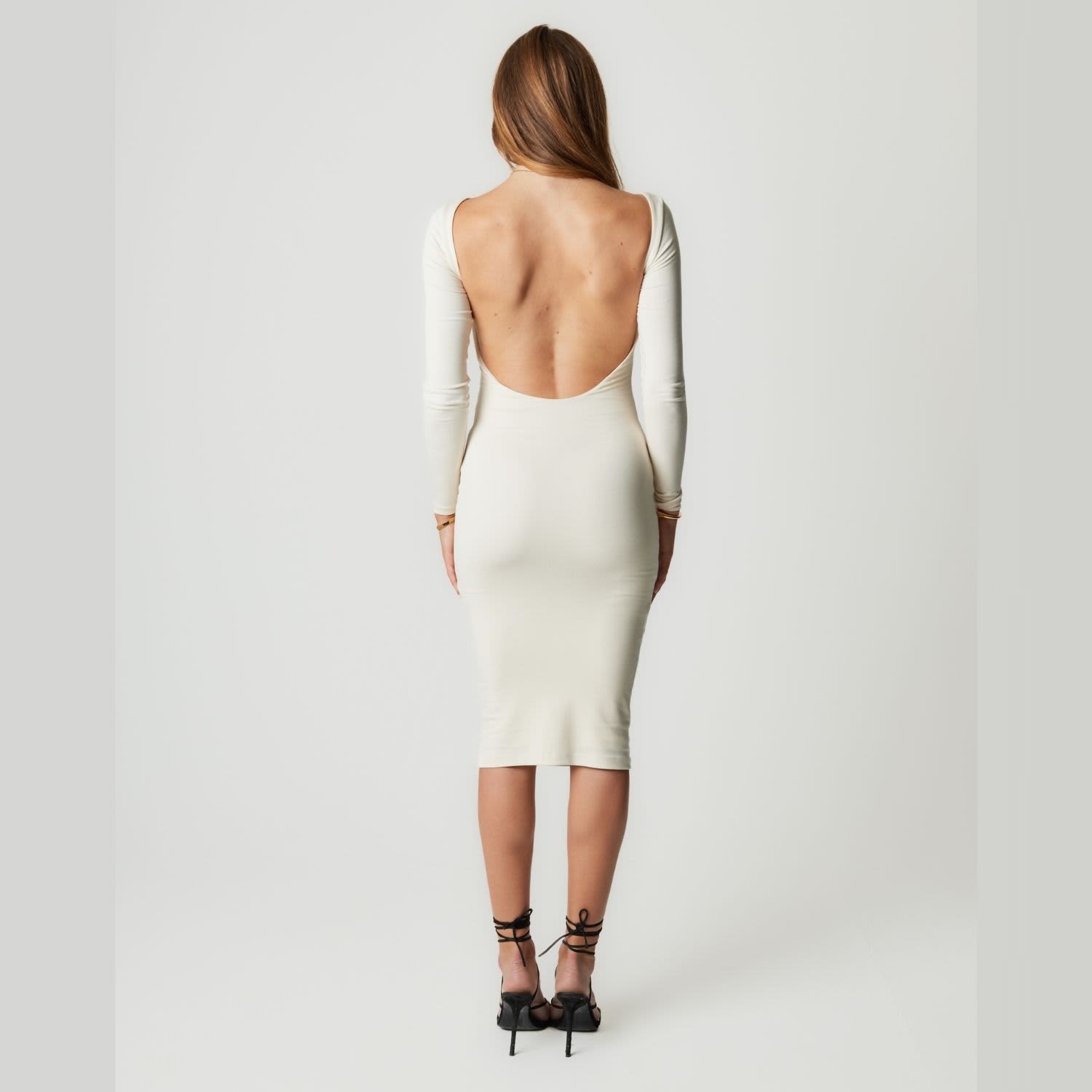 Women's Neutrals Open Back, Long Sleeve Knit Midi Dress, Neutral | Small | Unum Diem