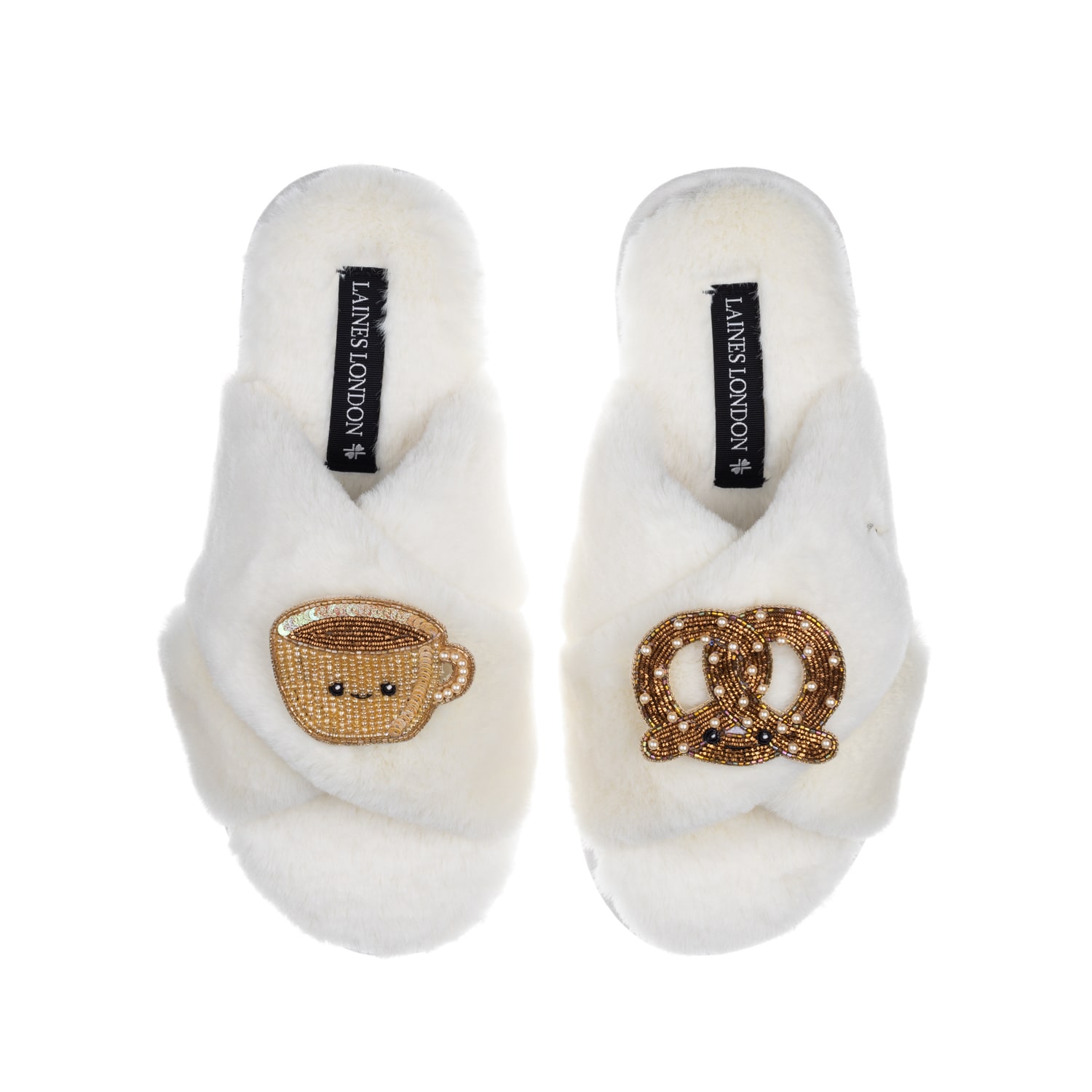 Laines London Women's White Classic Slippers With Laines Loveables Hot Chocolate & Pretzel Brooches - Cream In White