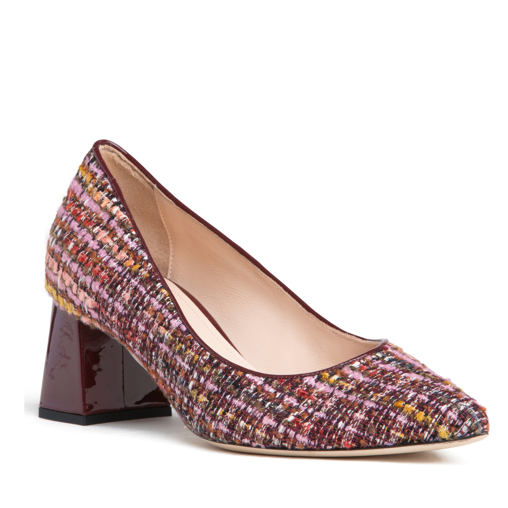 Beautiisoles By Robyn Shreiber Made In Italy Women's Red Corina Burgundy Leather Block Heel Pump With Linen For Day & Night Wear In Red