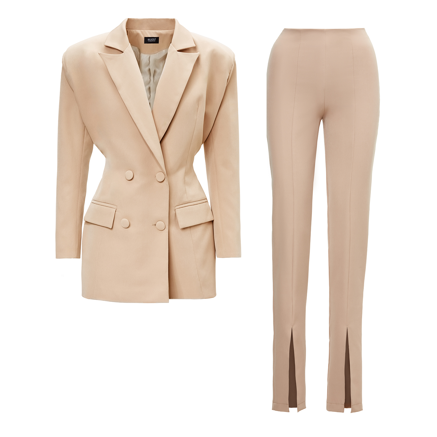 Beige Suit With Tailored Hourglass Blazer And Slim Fit Trousers by BLUZAT