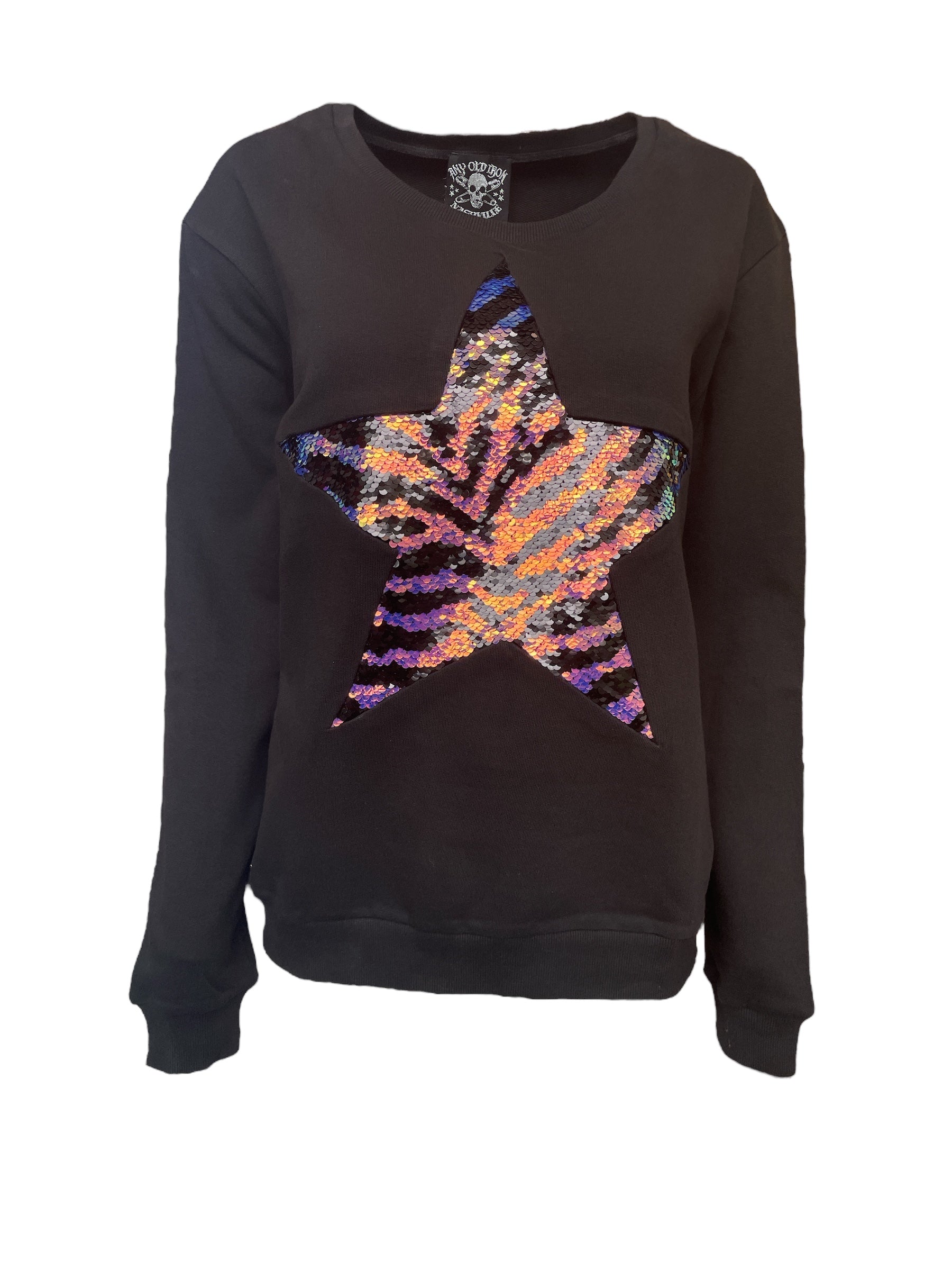 Any Old Iron Women's Black / Blue Iridescent Zebra Large Reversible Sequin Star Sweatshirt In Black/blue