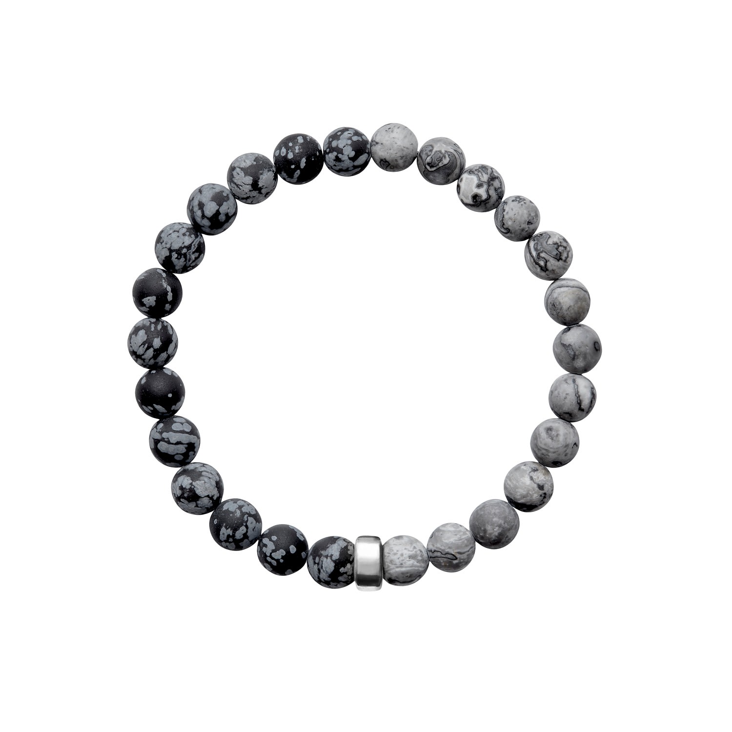 Ora Pearls Black / White / Grey Aro Men's Snowflake Obsidian & Map Jasper Bracelet Silver Bead - Large In Multi
