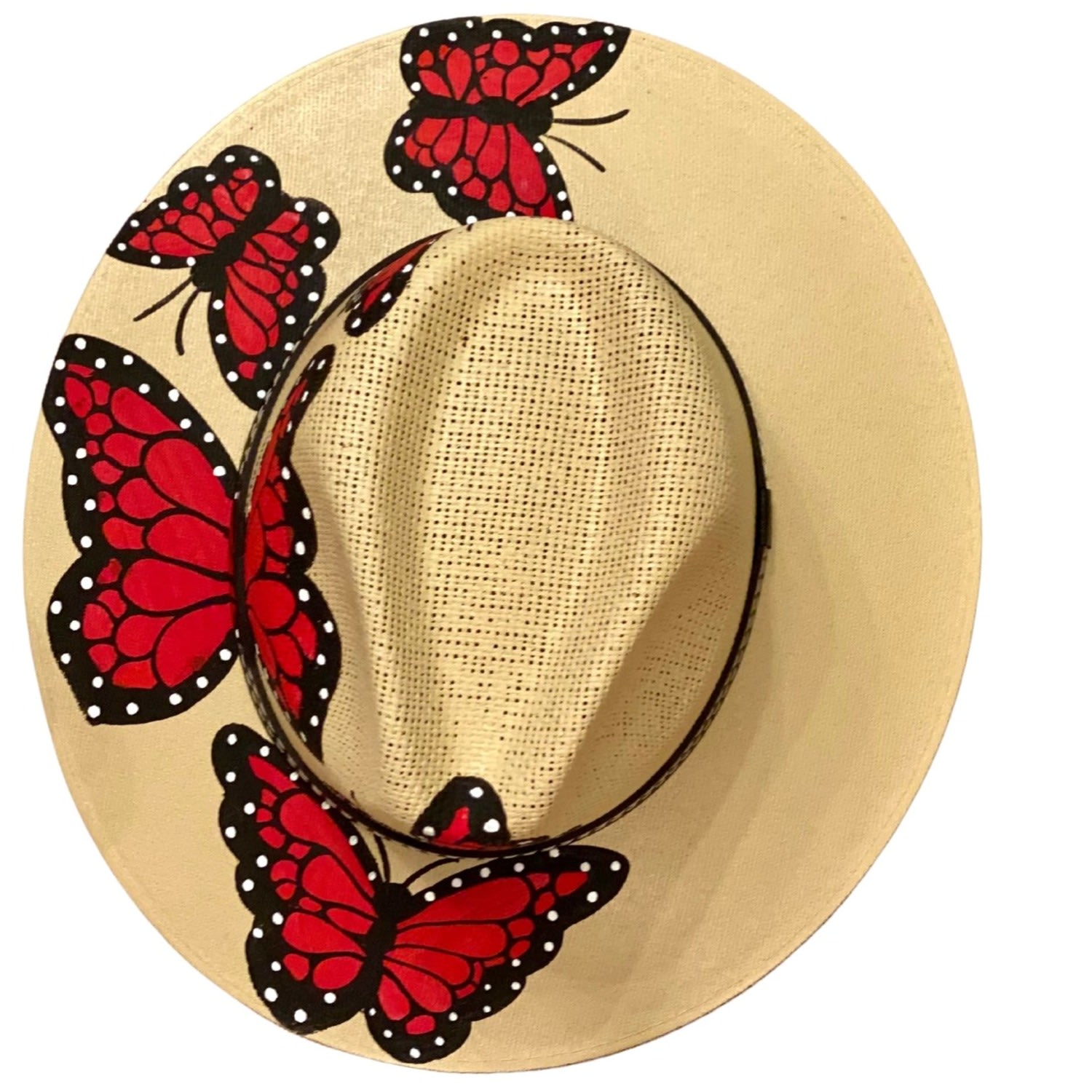 Women’s Hand-Painted Hat From Mexico - Butterflies - Red Larkin Lane