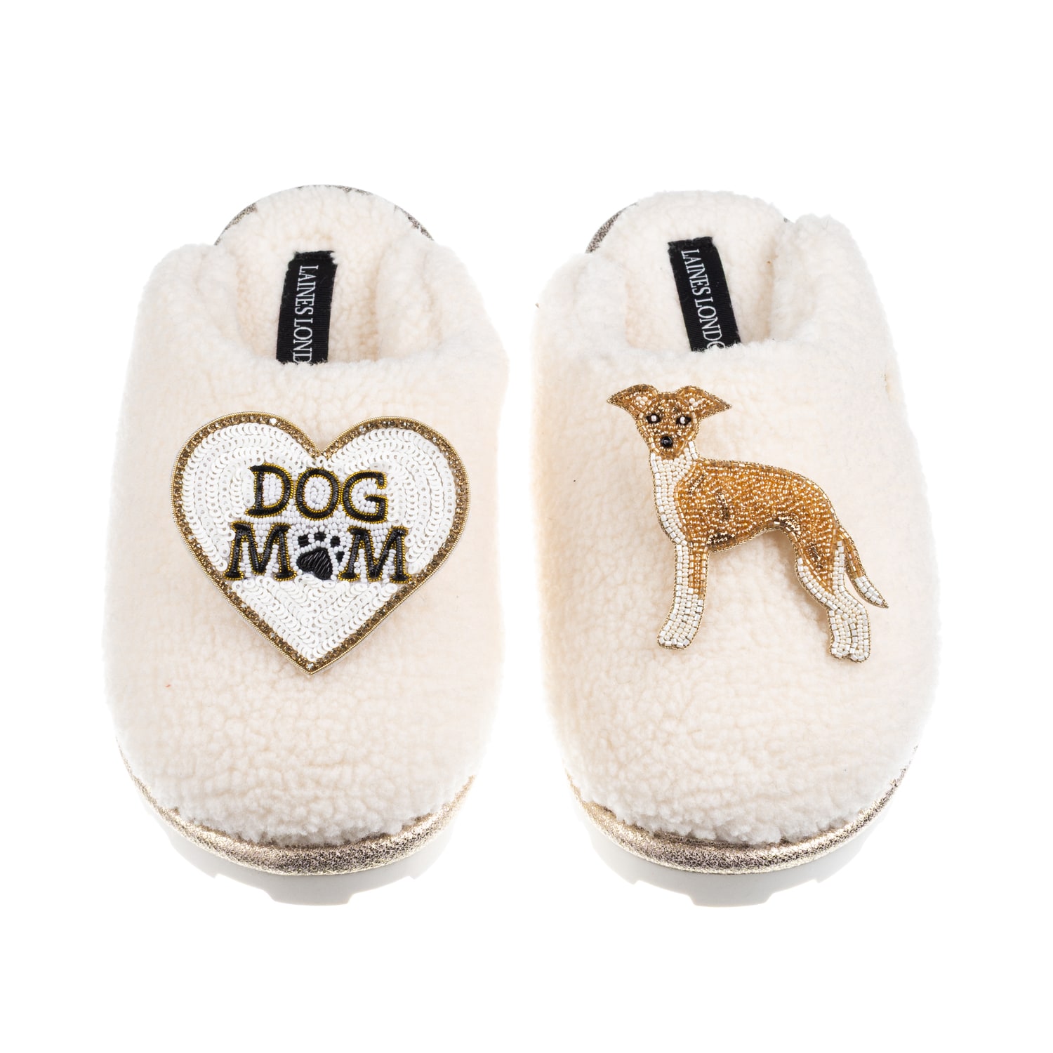 Laines London Women's Neutrals / White Teddy Closed Toe Slippers With Dog Mum/mom & Fawn & White Greyhound Brooche In White