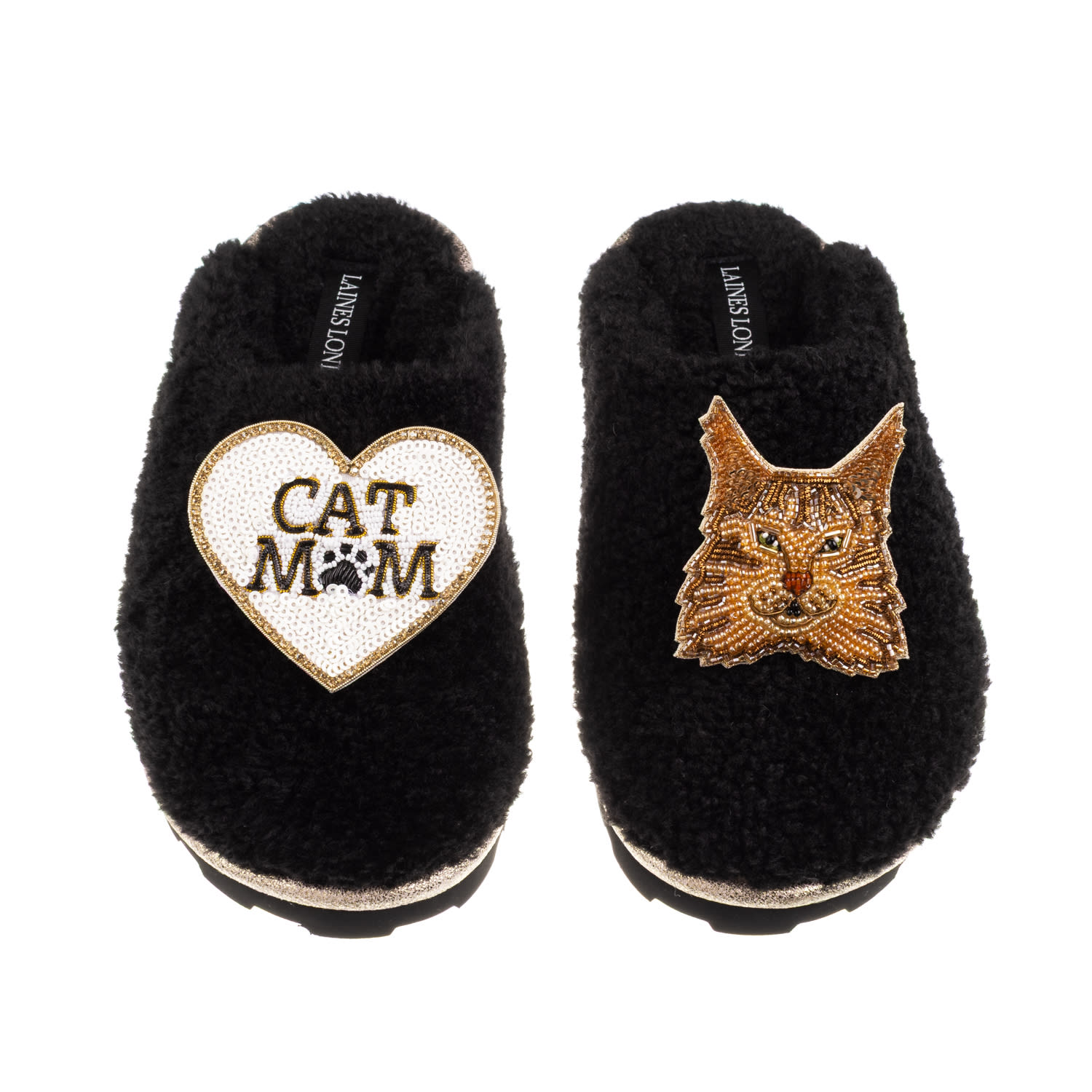 Laines London Women's Teddy Closed Toe Slippers With Cat Mum/mom & Maine Coon Cat Brooches - Black In Black