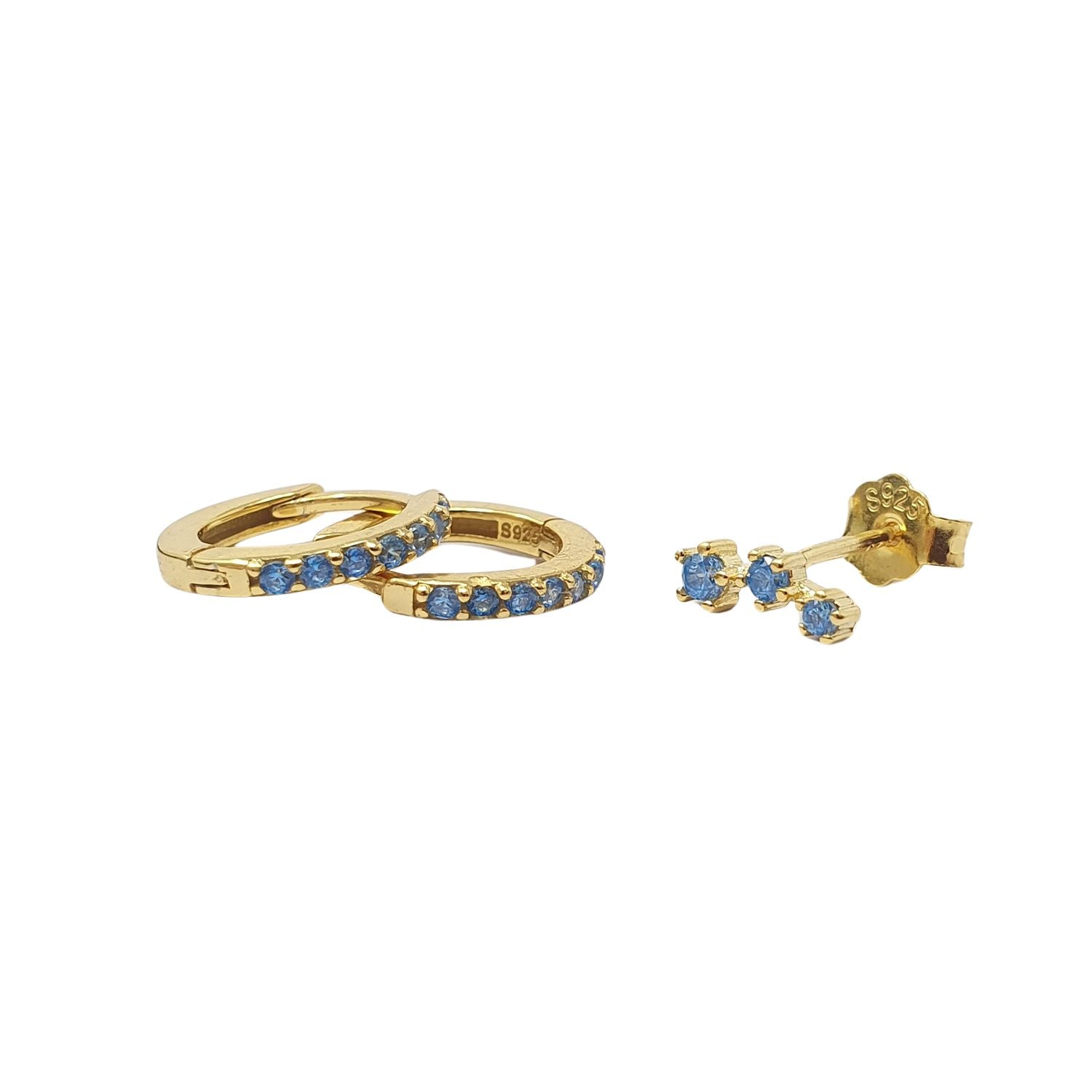 Women’s Blue / Gold Aquamarine March Birthstone Earring Gift Set: Small Huggie Hoops & Climber Studs Harfi