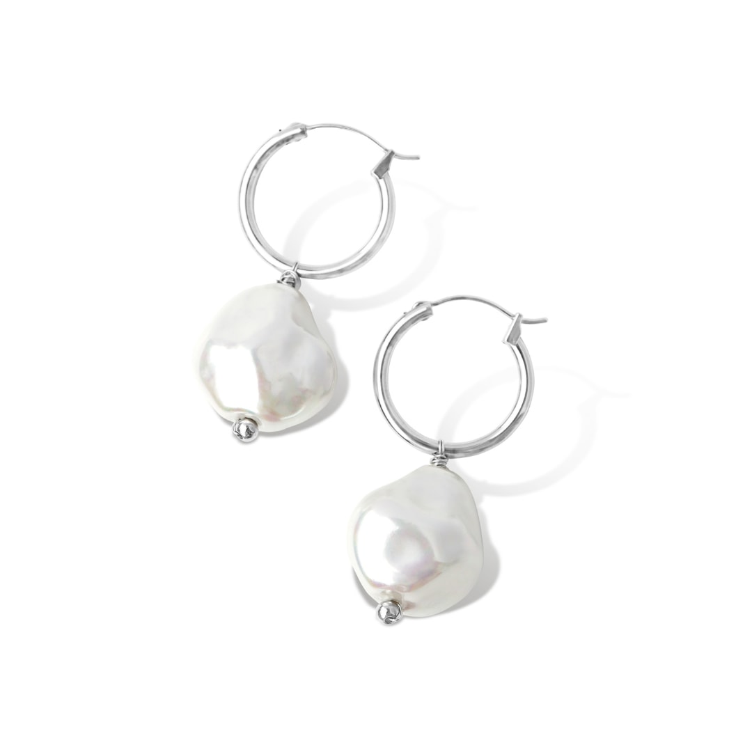 Fv Jewellery Women's Steel Me Silver Baroque Pearl Hoop Earrings In Silver