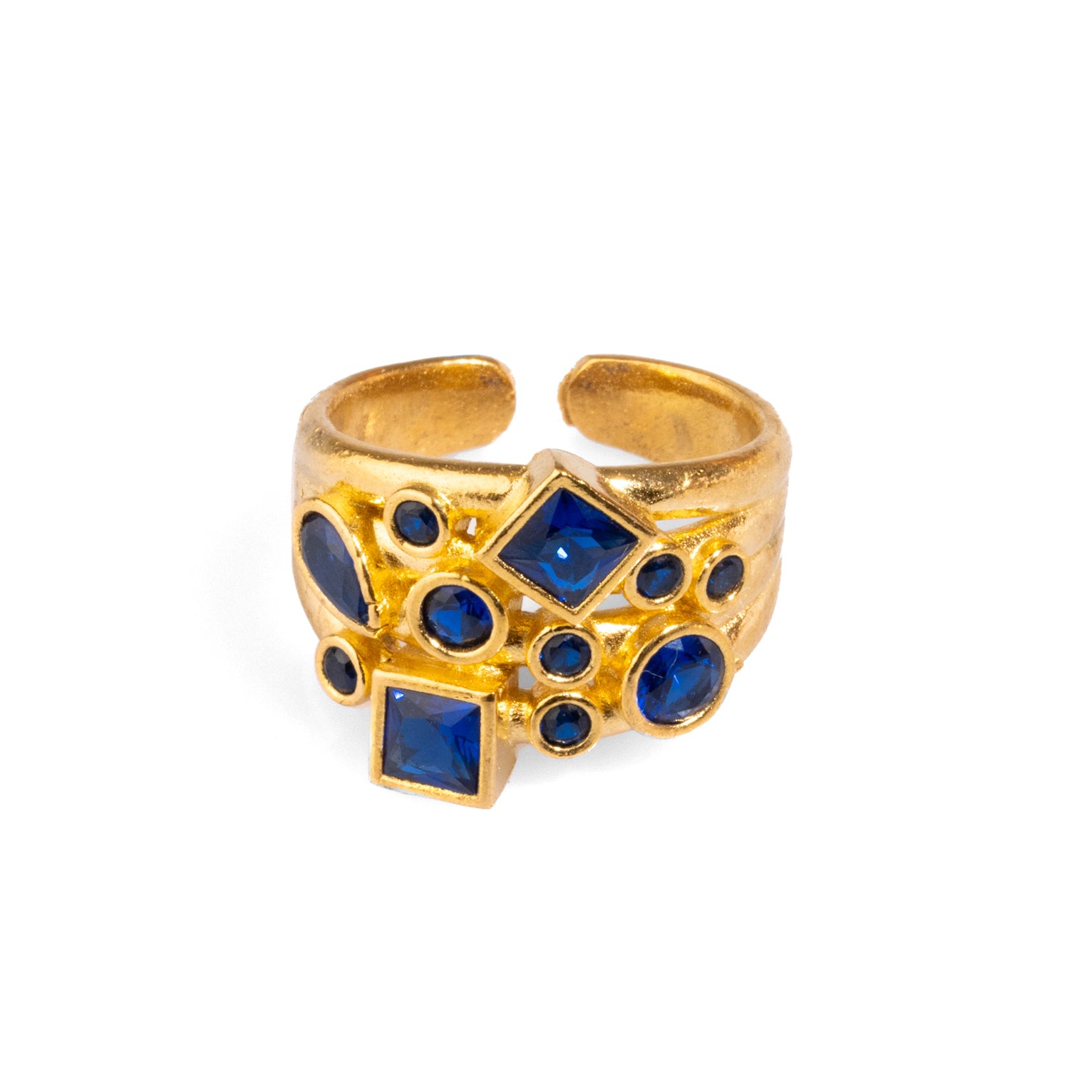 Ebru Jewelry Women's Gold / Blue Sapphire Stone Design & Gold Adjustable Statement Ring - Blue