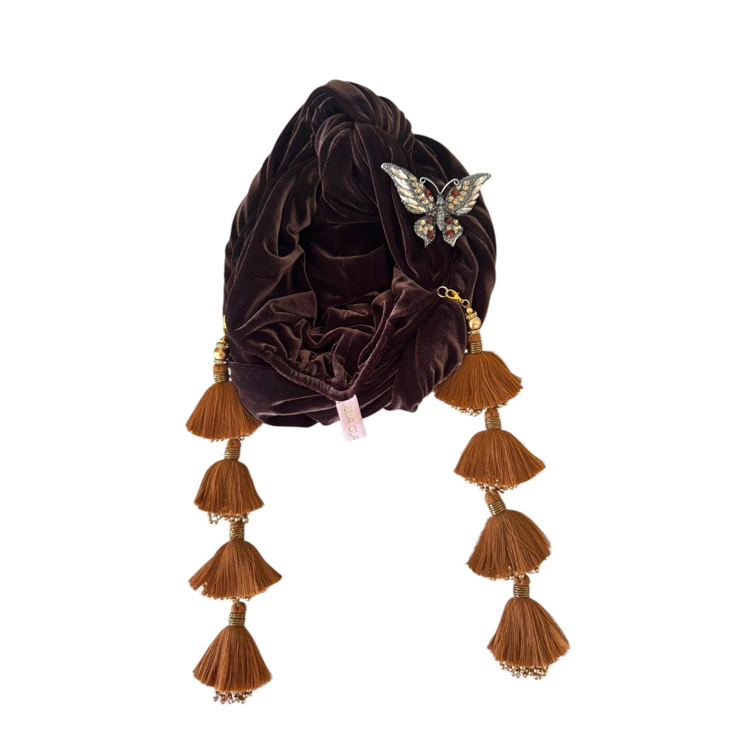 Women's Brown Butterfly Chocolate Chacha Velour  Turban | One Size | Julia Clancey