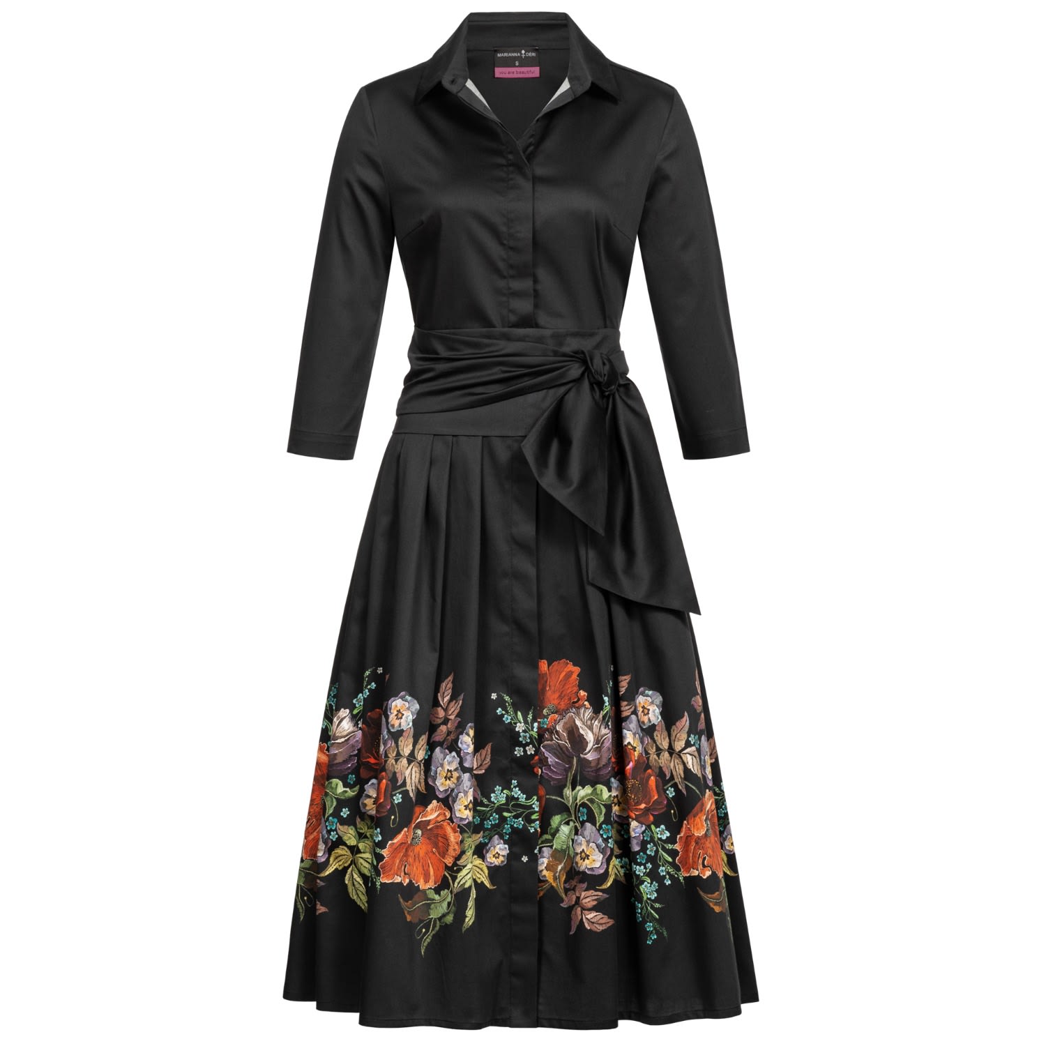 Women's Floral Border Shirtdress With Detachable Wide Belt Black | Extra Small | Marianna Déri