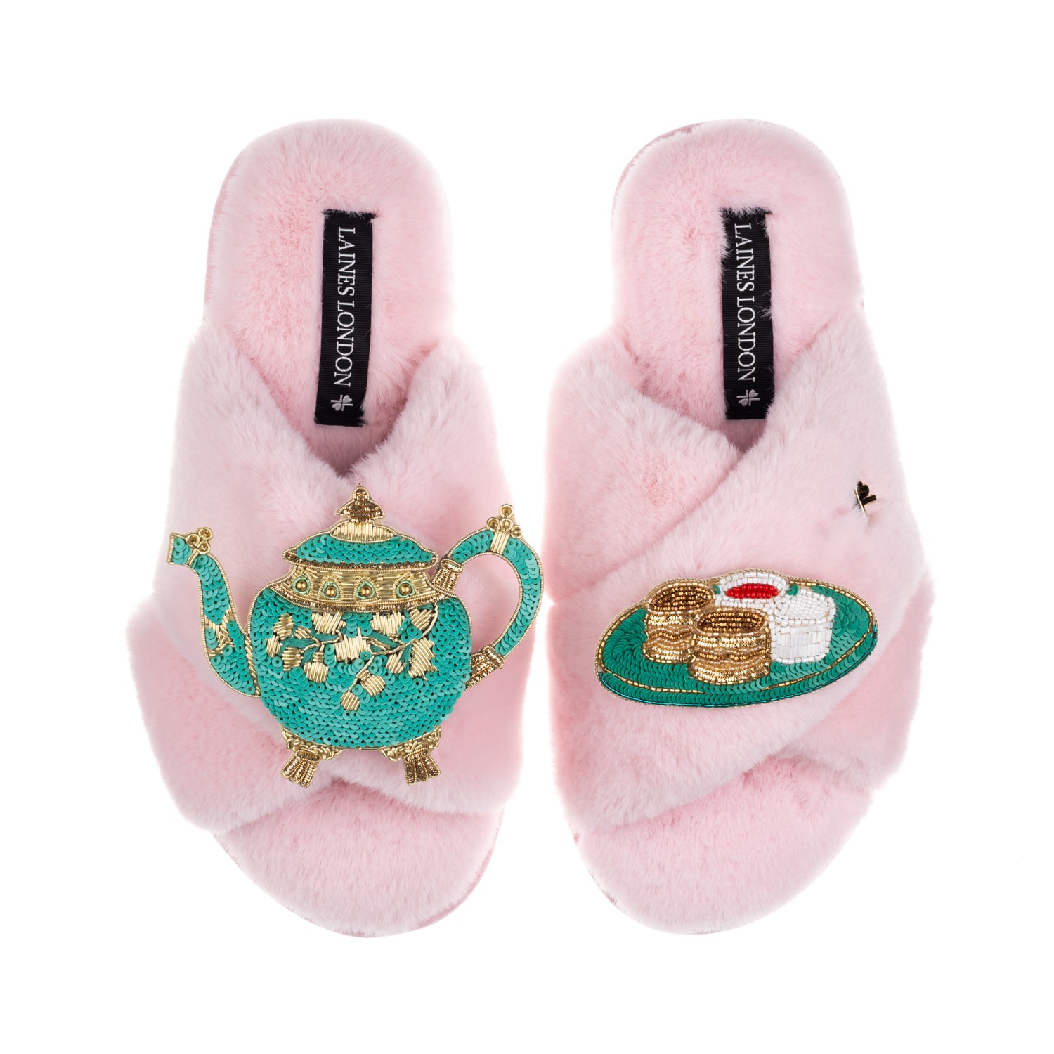 Women's Laines X Juliet Slippers With Tea & Scones Brooches - Pink | Small | Laines London