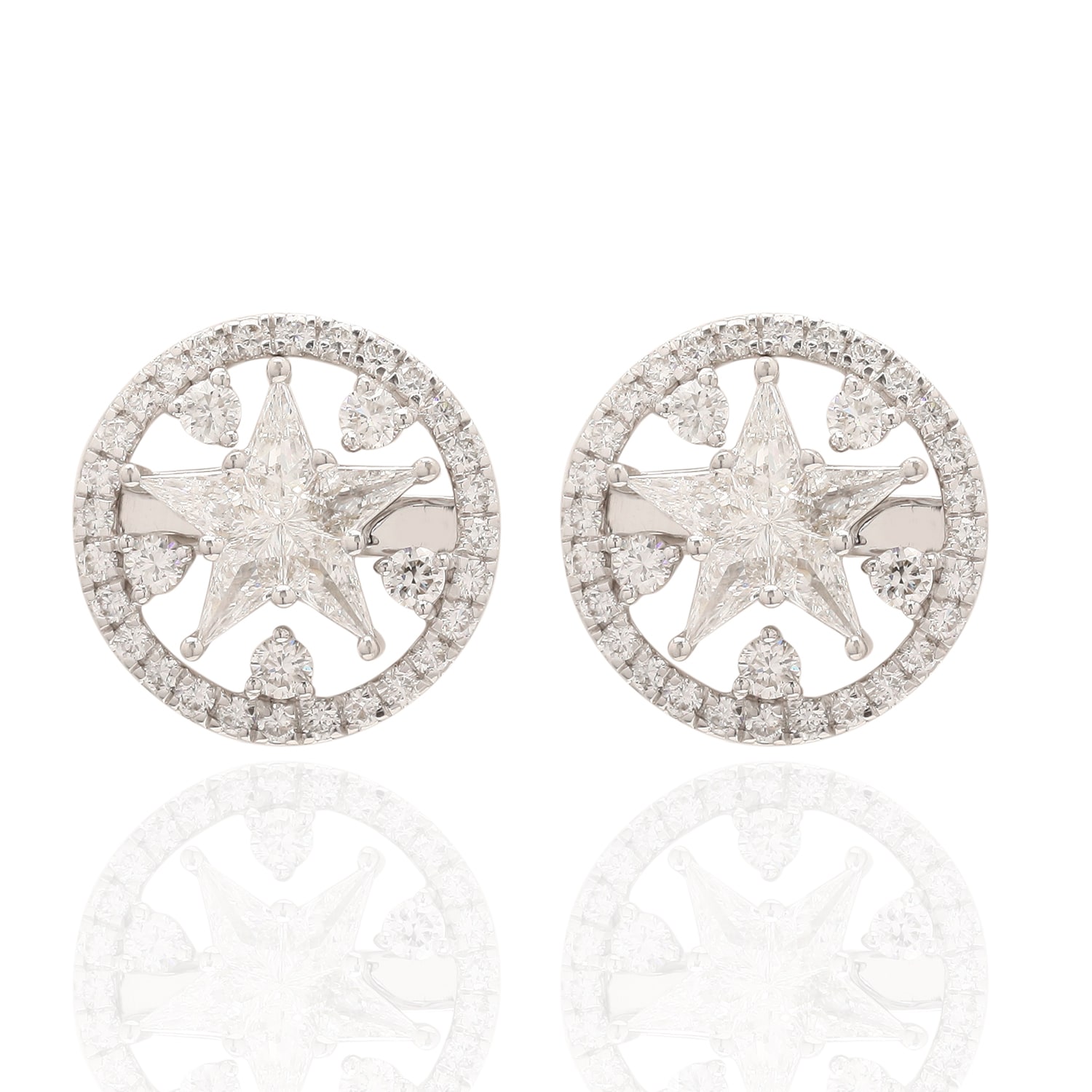 Women’s 18K Solid White Gold Natural Diamond Star & Round Shape Stud Earrings Artisan