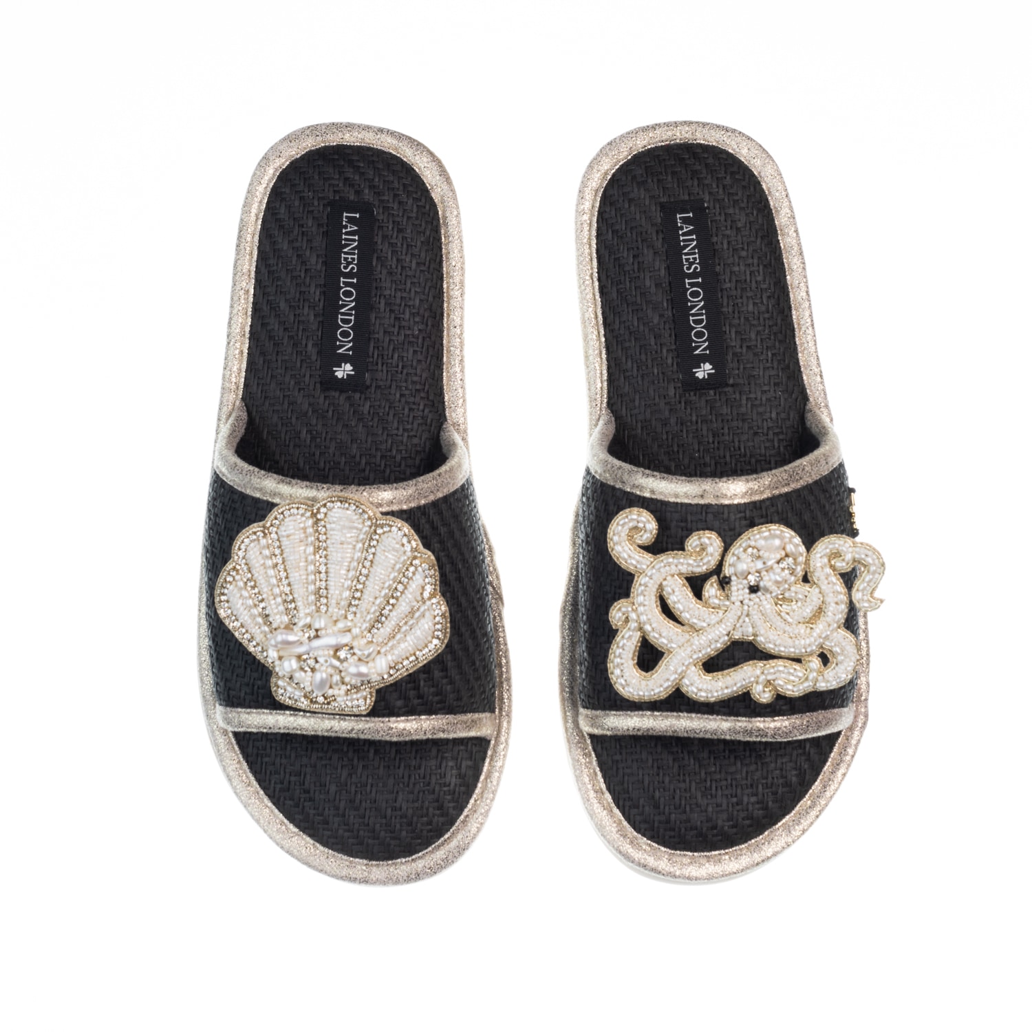 Women’s Straw Braided Sandals With Beaded Shell & Octopus Brooches - Black Medium Laines London