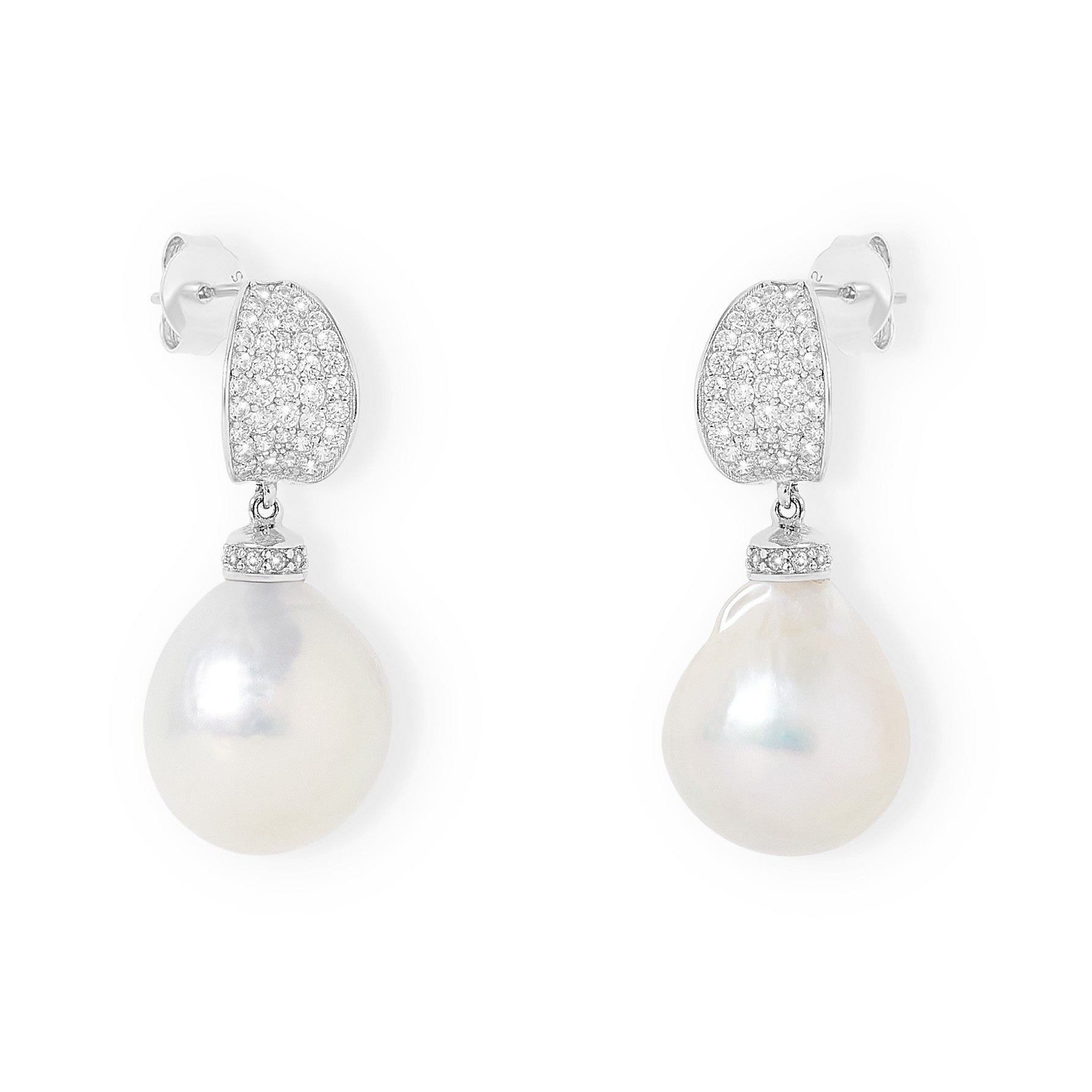 Pearls Of The Orient Online Women's Silver / White Stella Curved Pave Earrings With Baroque Cultured Freshwater Pearls In Multi